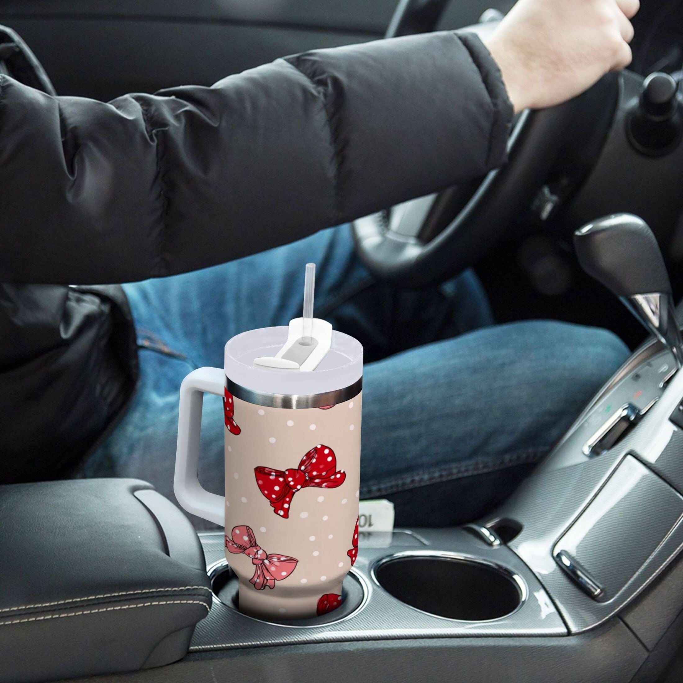 30 oz Insulated Stainless Steel Tumbler Double Wall Stainless Steel Tumbler with 2-Way Drinking Cute Red Bows Pattern Edition-YMU3