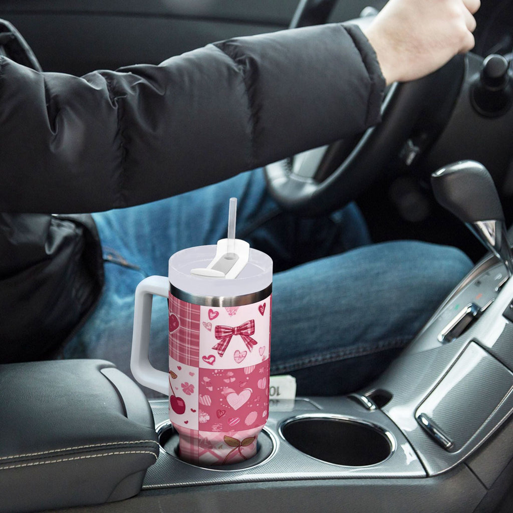 30 oz Insulated Stainless Steel Tumbler Double Wall Stainless Steel Tumbler with 2-Way Drinking Cherry Pattern with Bows Edition-65T1