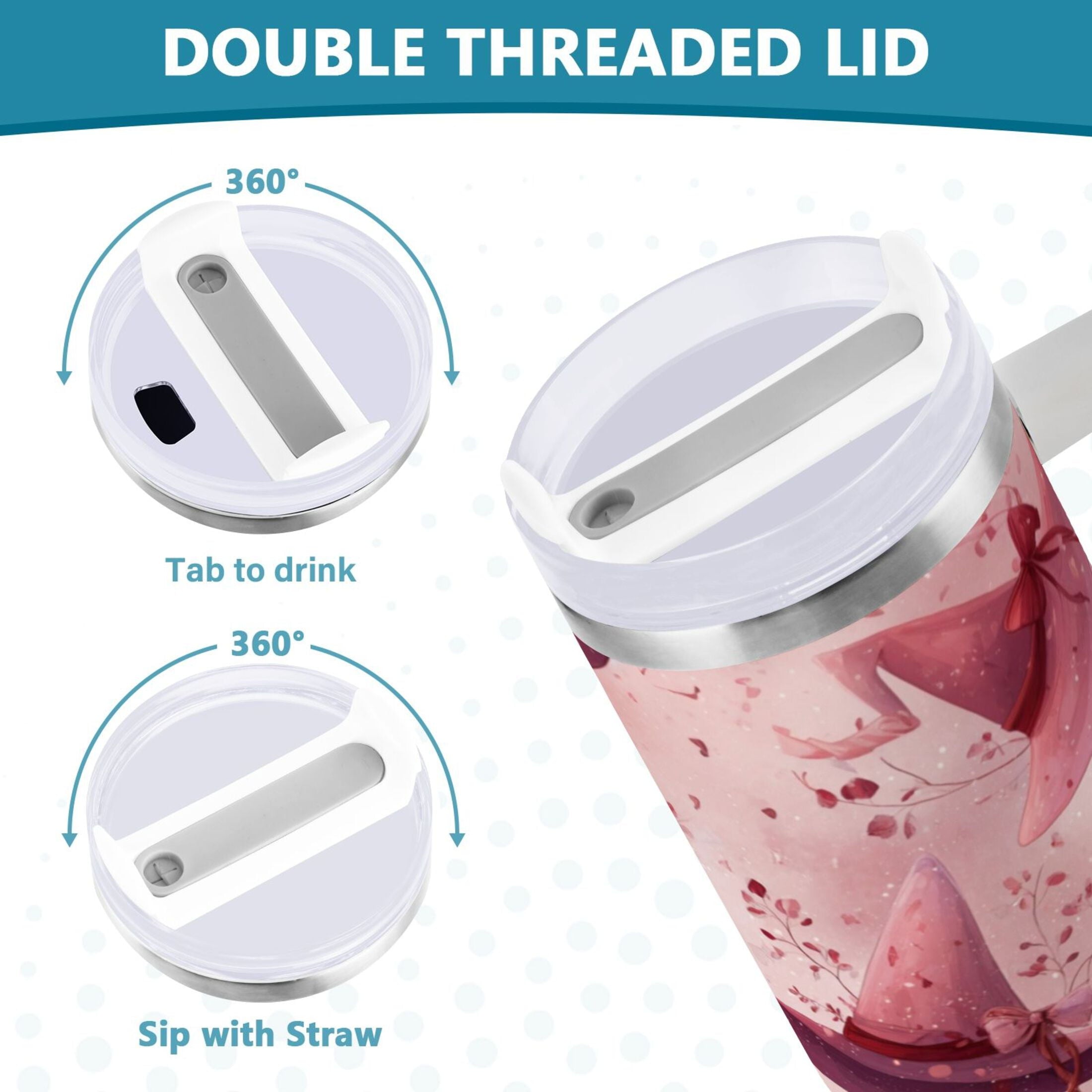 30 oz Insulated Stainless Steel Tumbler Double Wall Stainless Steel Tumbler with 2-Way Drinking Hats with Delicate Bows Edition-W3BB
