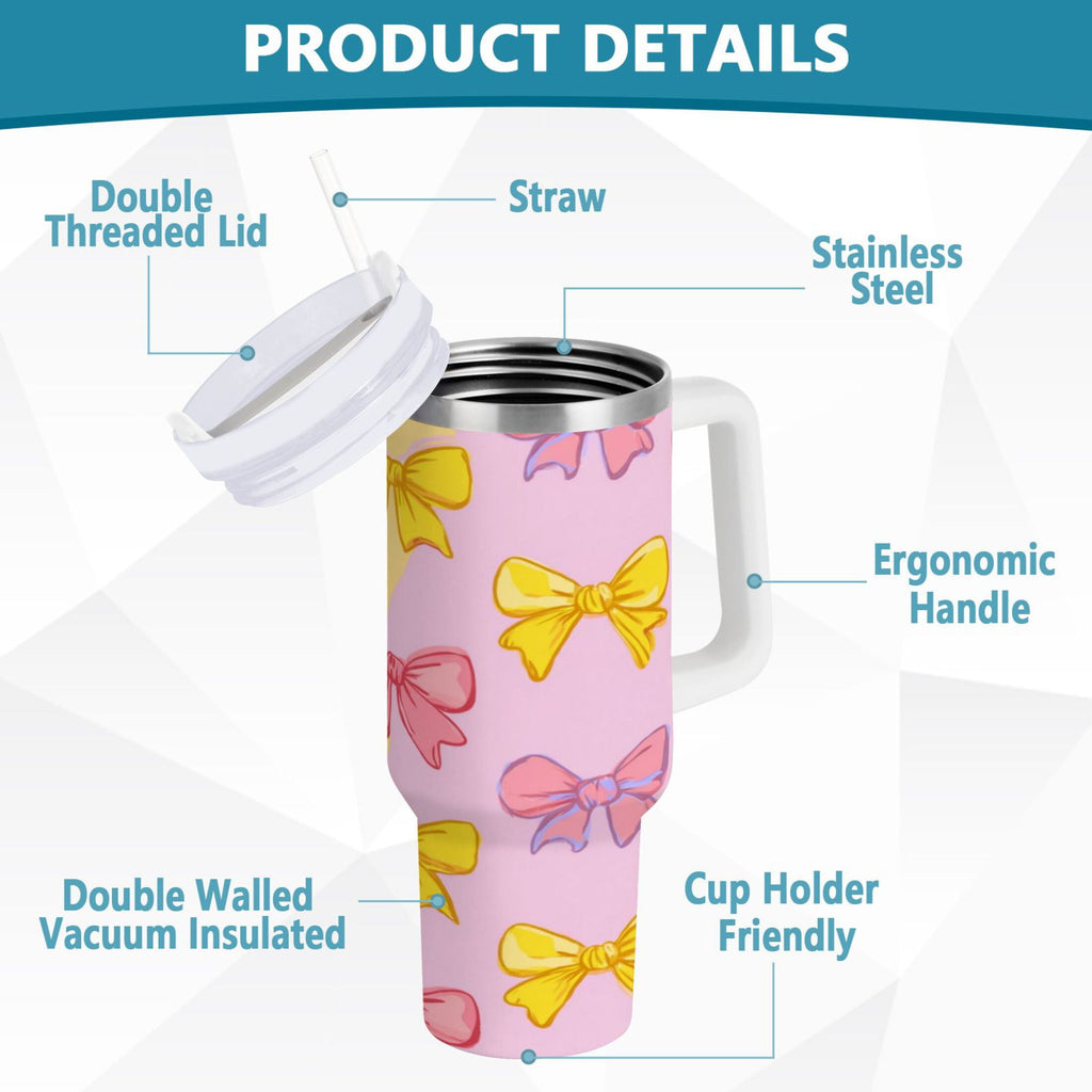 30 oz Insulated Stainless Steel Tumbler Double Wall Stainless Steel Tumbler with 2-Way Drinking Yellow and Pink Bows Edition-IK82