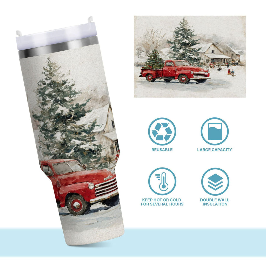 30 oz Insulated Stainless Steel Tumbler Double Wall Stainless Steel Tumbler with 2-Way Drinking Truck with Christmas Decorations Edition-KHYS