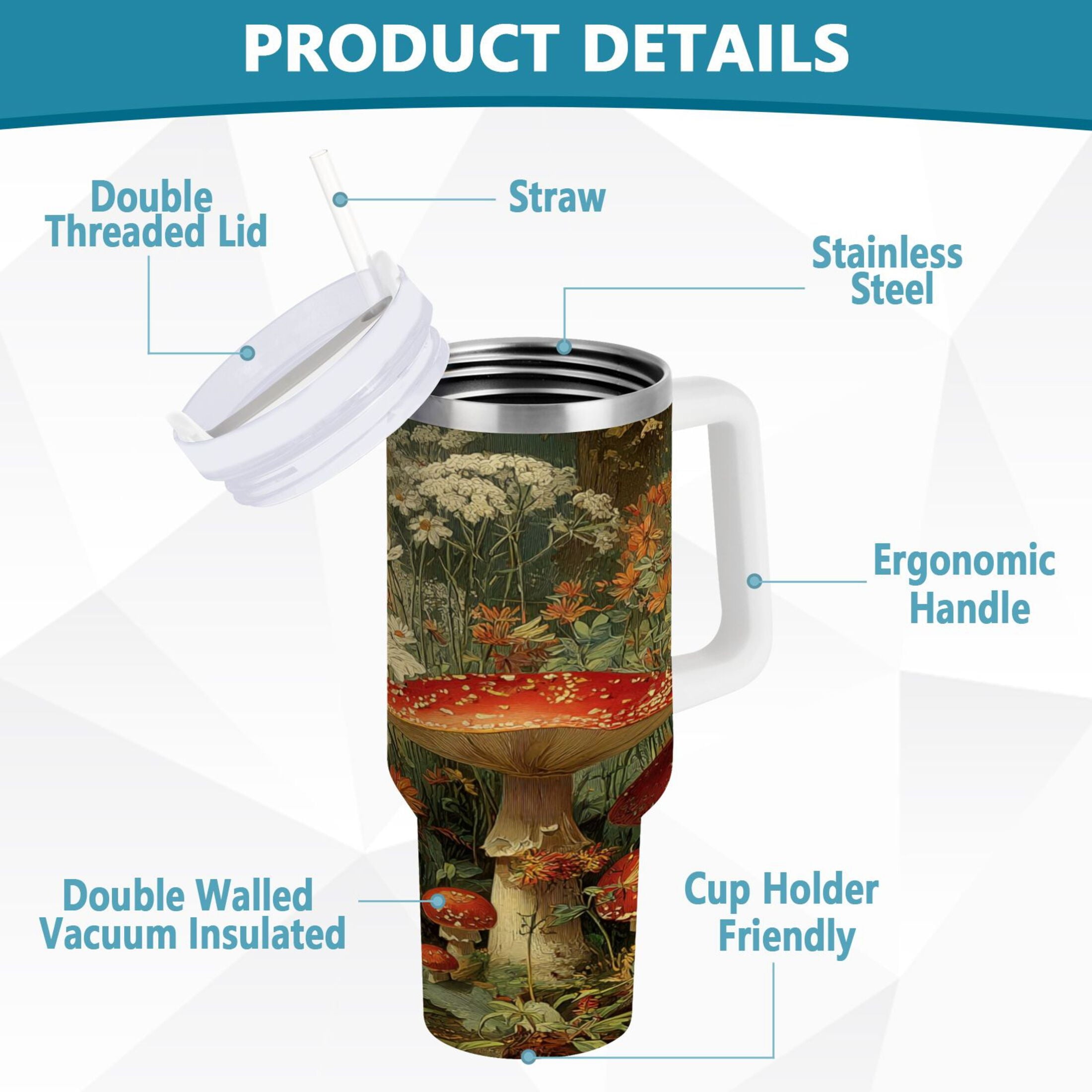 40 oz Insulated Stainless Steel Tumbler Double Wall Stainless Steel Tumbler with 2-Way Drinking Red Mushrooms Edition-ENS0
