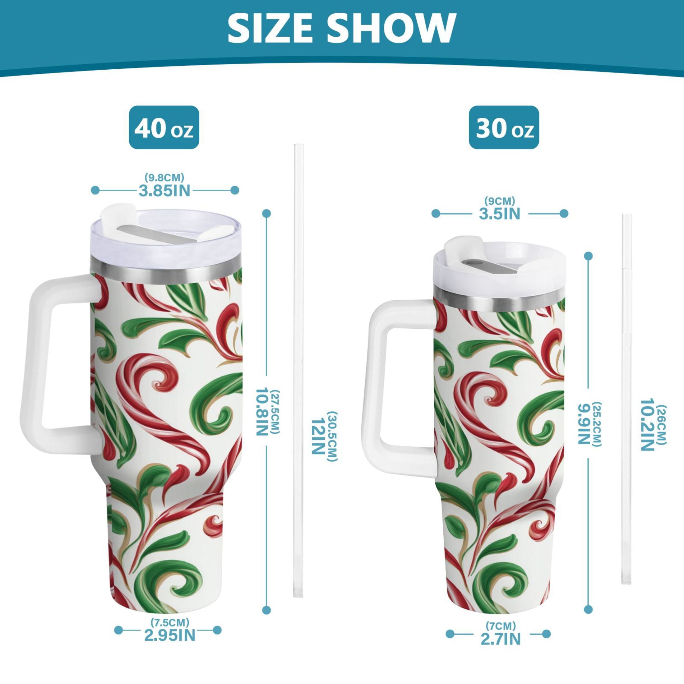 40 oz Insulated Stainless Steel Tumbler Double Wall Stainless Steel Tumbler with 2-Way Drinking Red and Green Candy-cane Edition-NQAK