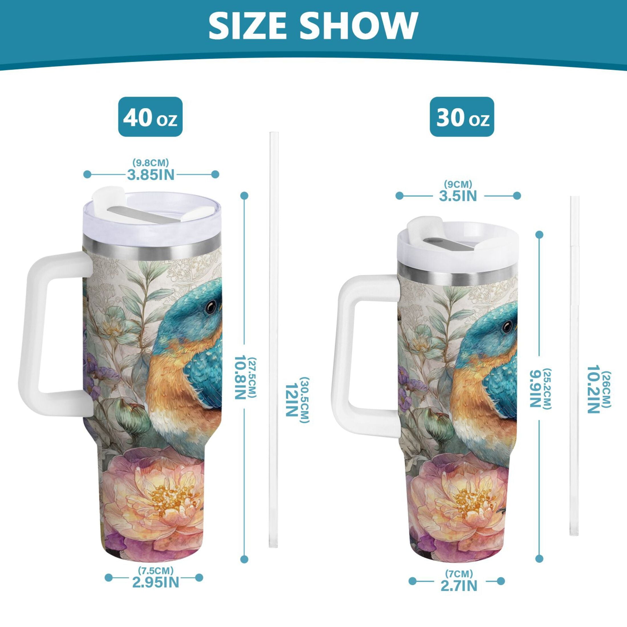 30 oz Insulated Stainless Steel Tumbler Double Wall Stainless Steel Tumbler with 2-Way Drinking Bluebird and Flower Edition-Q4FO