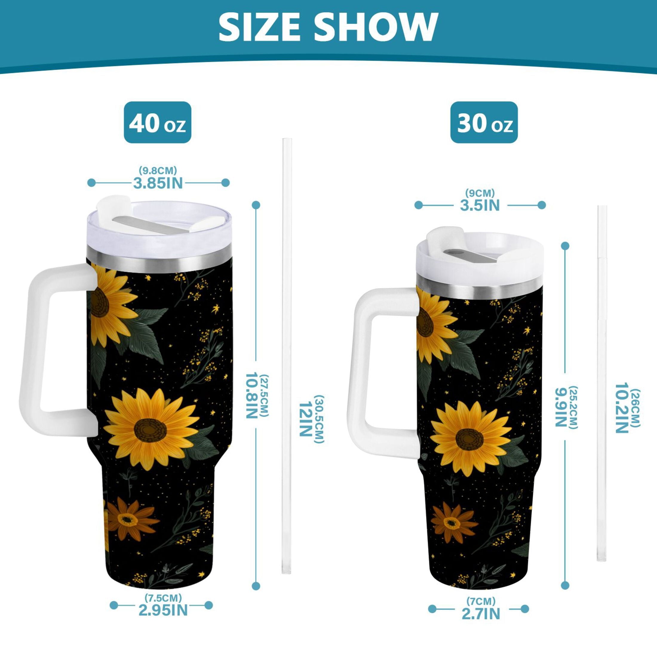 30 oz Insulated Stainless Steel Tumbler Double Wall Stainless Steel Tumbler with 2-Way Drinking Yellow Sunflower Pattern Edition-7NHV