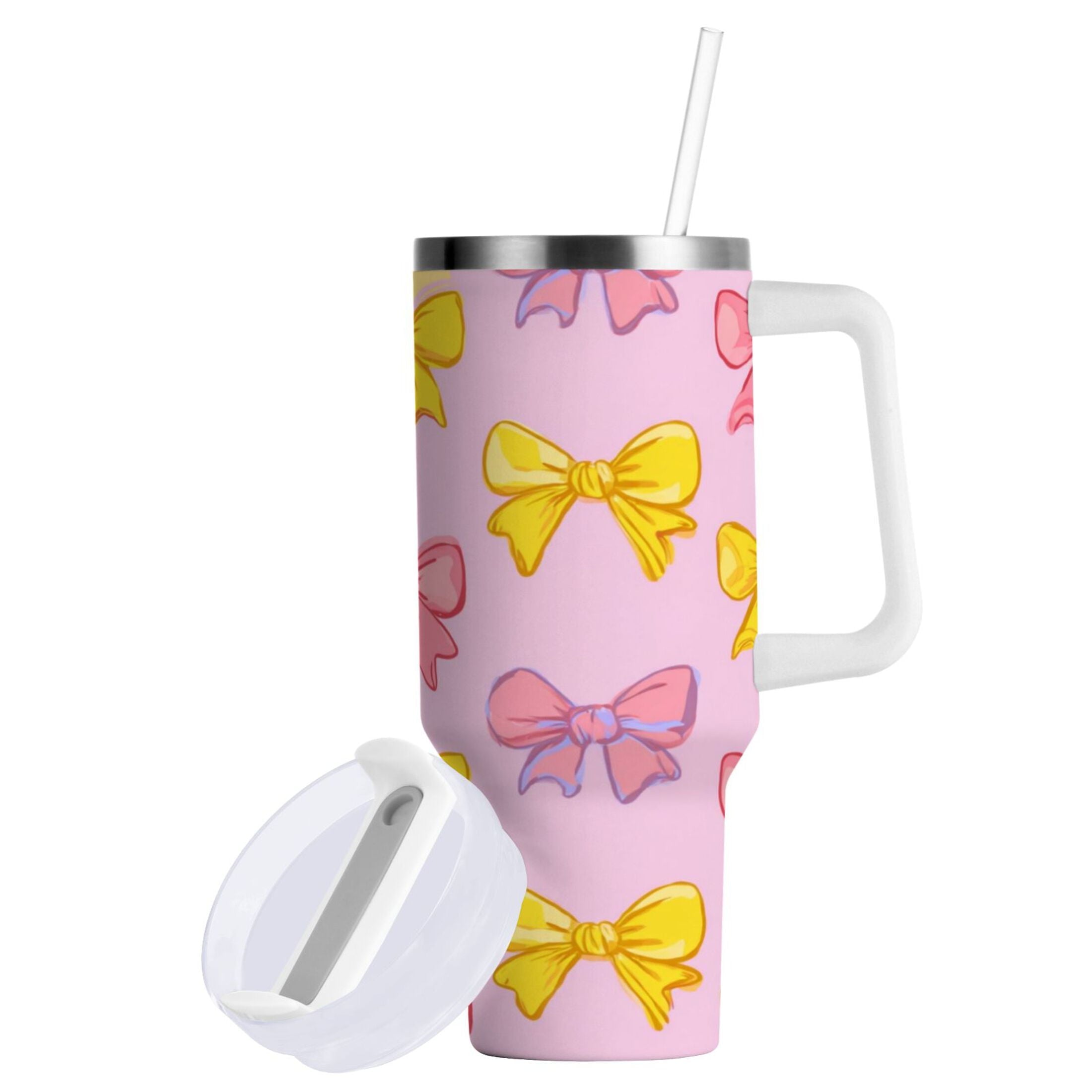 30 oz Insulated Stainless Steel Tumbler Double Wall Stainless Steel Tumbler with 2-Way Drinking Yellow and Pink Bows Edition-IK82