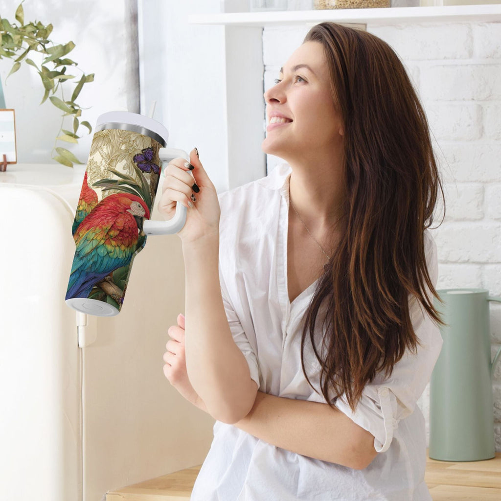30 oz Insulated Stainless Steel Tumbler Double Wall Stainless Steel Tumbler with 2-Way Drinking Colorful Beautiful Parrots Edition-LSQ0