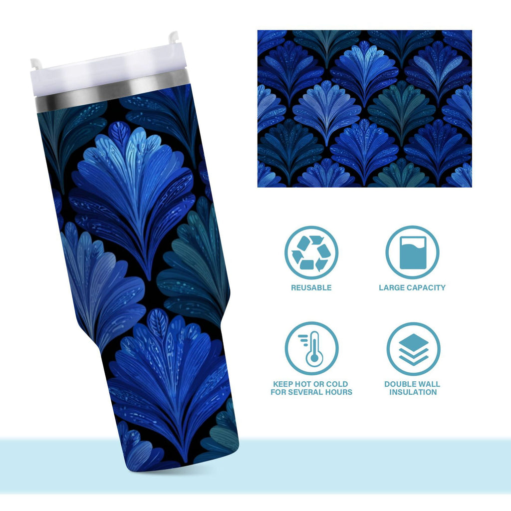 30 oz Insulated Stainless Steel Tumbler Double Wall Stainless Steel Tumbler with 2-Way Drinking Blue Batik Leaves Pattern Edition-U7IY