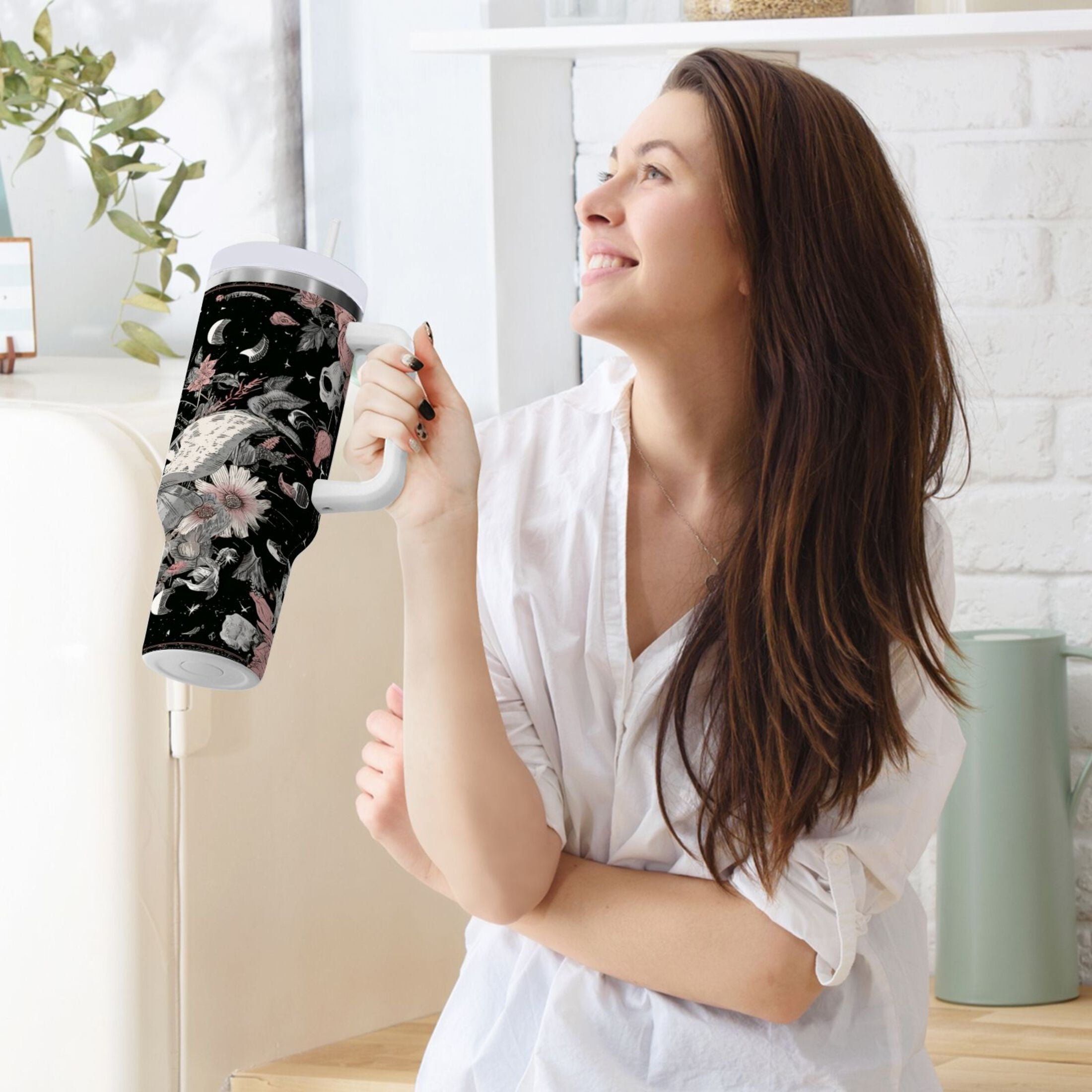 40 oz Insulated Stainless Steel Tumbler Double Wall Stainless Steel Tumbler with 2-Way Drinking Butterfly Surrounded by Flowers Edition-UA75