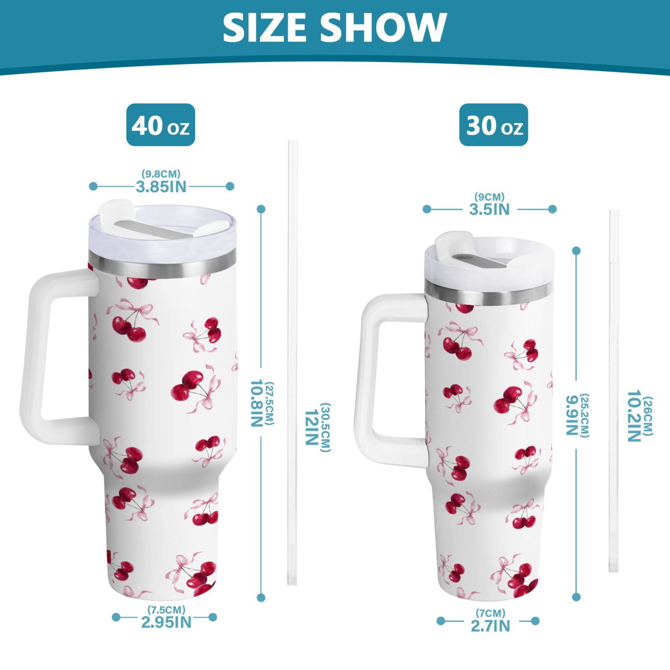30 oz Insulated Stainless Steel Tumbler Double Wall Stainless Steel Tumbler with 2-Way Drinking Watercolor Cherries Pattern Edition-CFP1