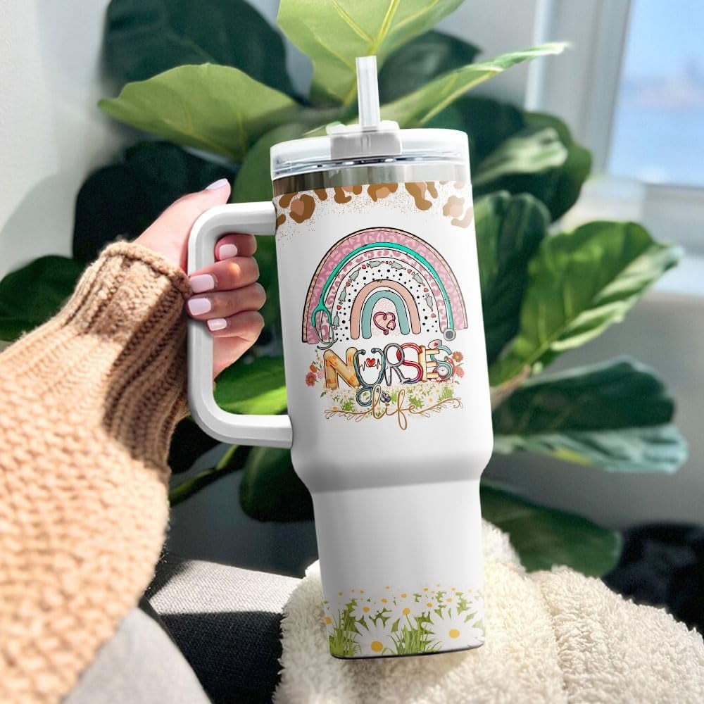 Tumbler 40 Oz With Handle Lid And Straw, Nurse Gifts, Black Camo White Engraved Print Travel Nurses Tumblers Handle Funny Cups Nursing For, Great Nurse Rainbow Daisy Flower Edition-CQH4