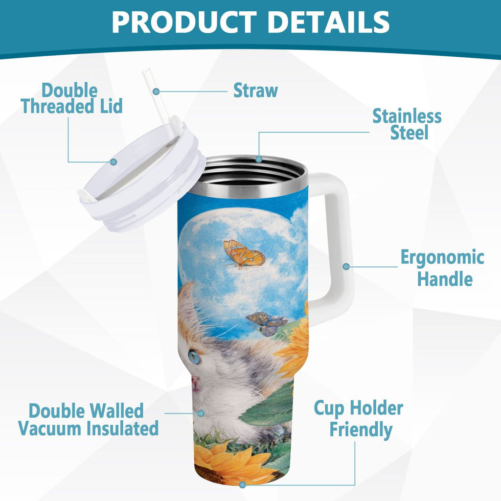 40 oz Insulated Stainless Steel Tumbler Double Wall Stainless Steel Tumbler with 2-Way Drinking Playful Cat Lying Sunflowers Edition-BO3C