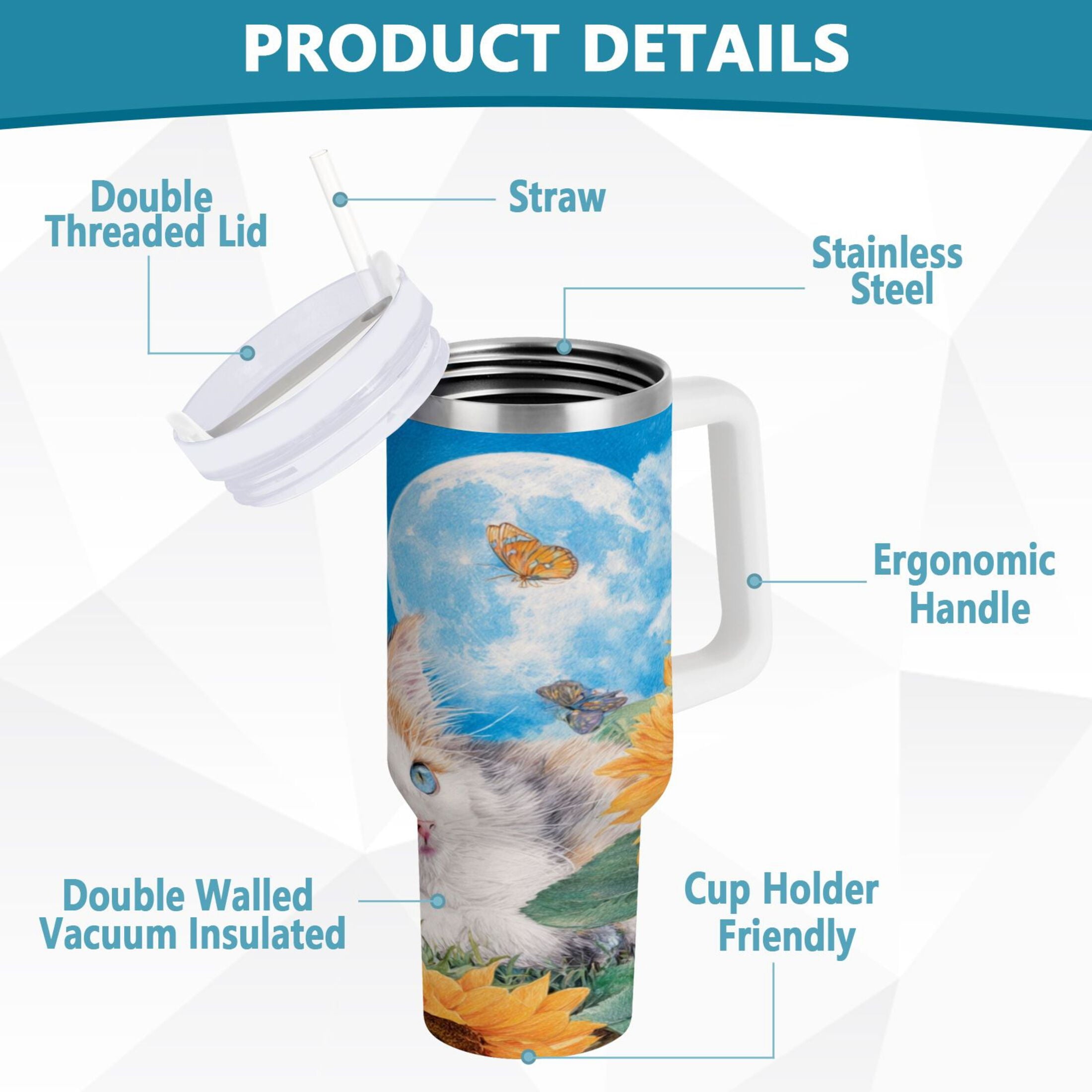 40 oz Insulated Stainless Steel Tumbler Double Wall Stainless Steel Tumbler with 2-Way Drinking Playful Cat Lying Sunflowers Edition-BO3C