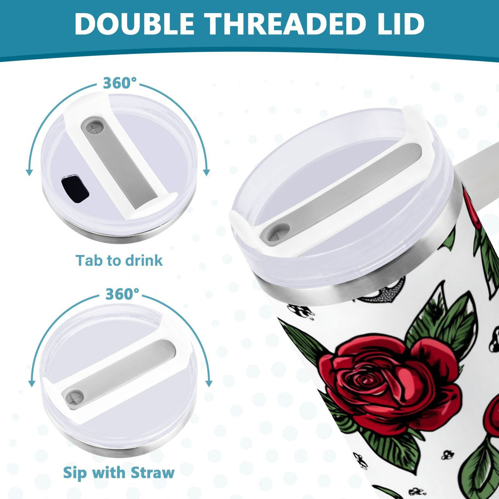40 oz Insulated Stainless Steel Tumbler Double Wall Stainless Steel Tumbler with 2-Way Drinking Red Roses and Cherries Edition-TKCJ