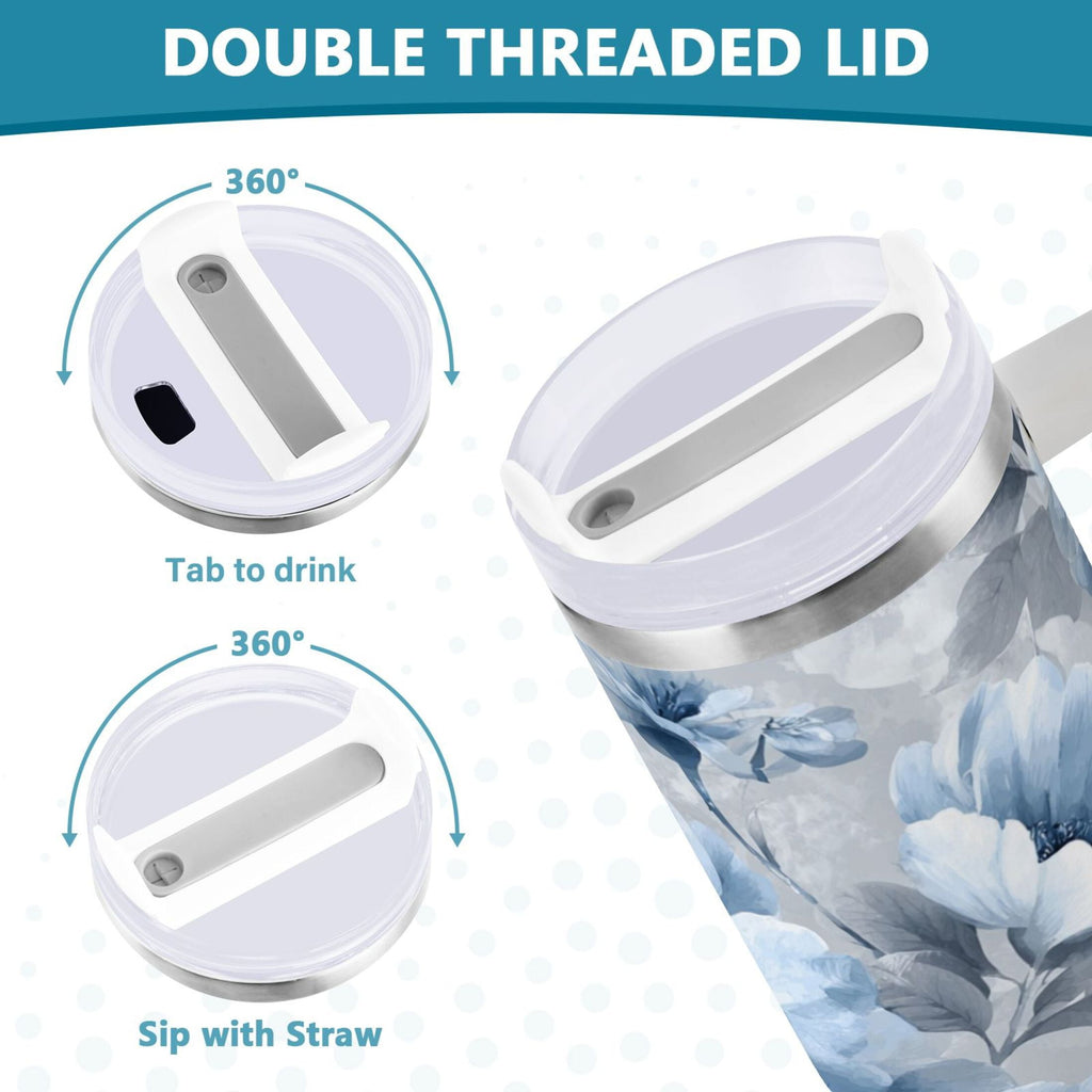 40 oz Insulated Stainless Steel Tumbler Double Wall Stainless Steel Tumbler with 2-Way Drinking White Floral Pattern Edition-V2DM