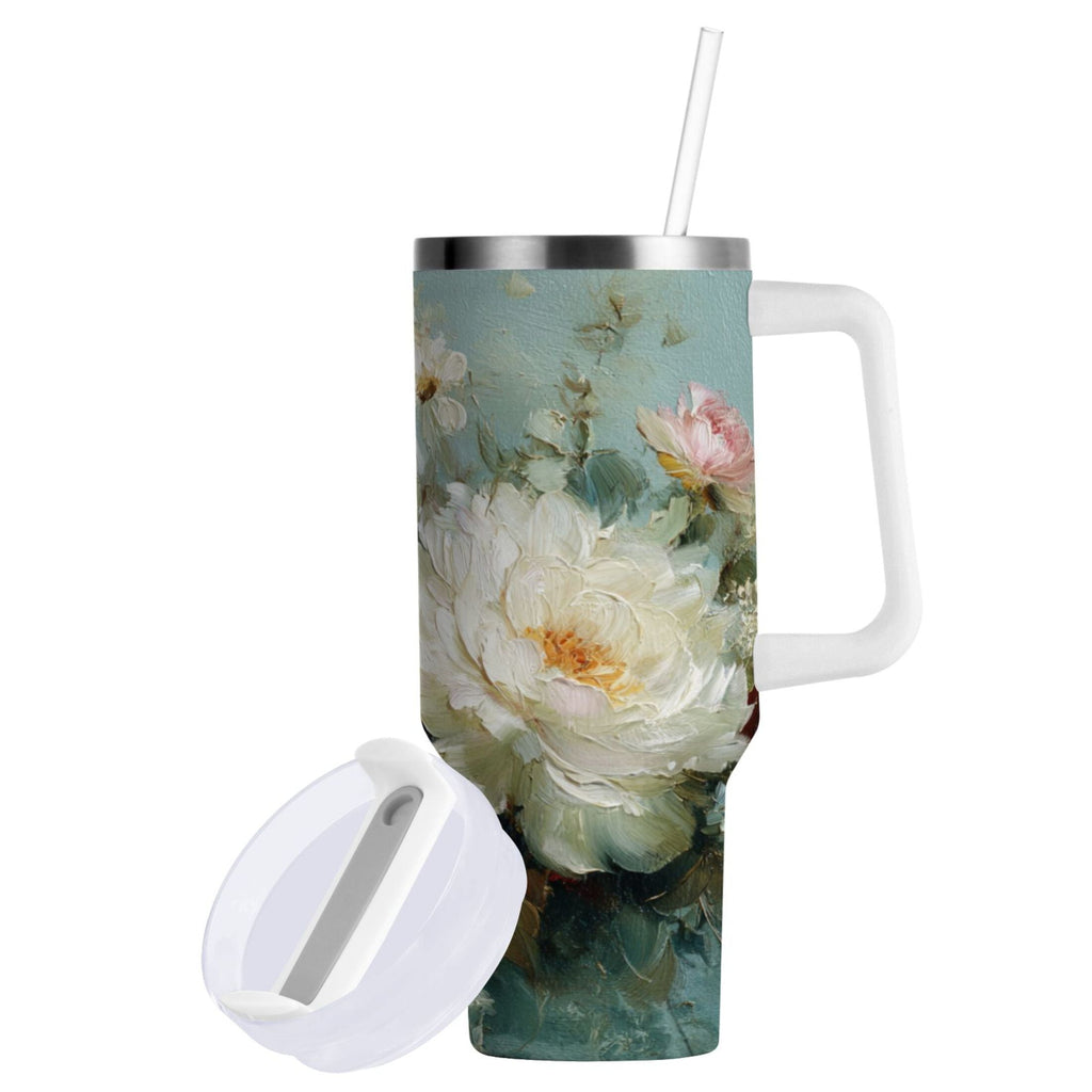 40 oz Insulated Stainless Steel Tumbler Double Wall Stainless Steel Tumbler with 2-Way Drinking Vintage Peonies and Daisies Edition-D83F