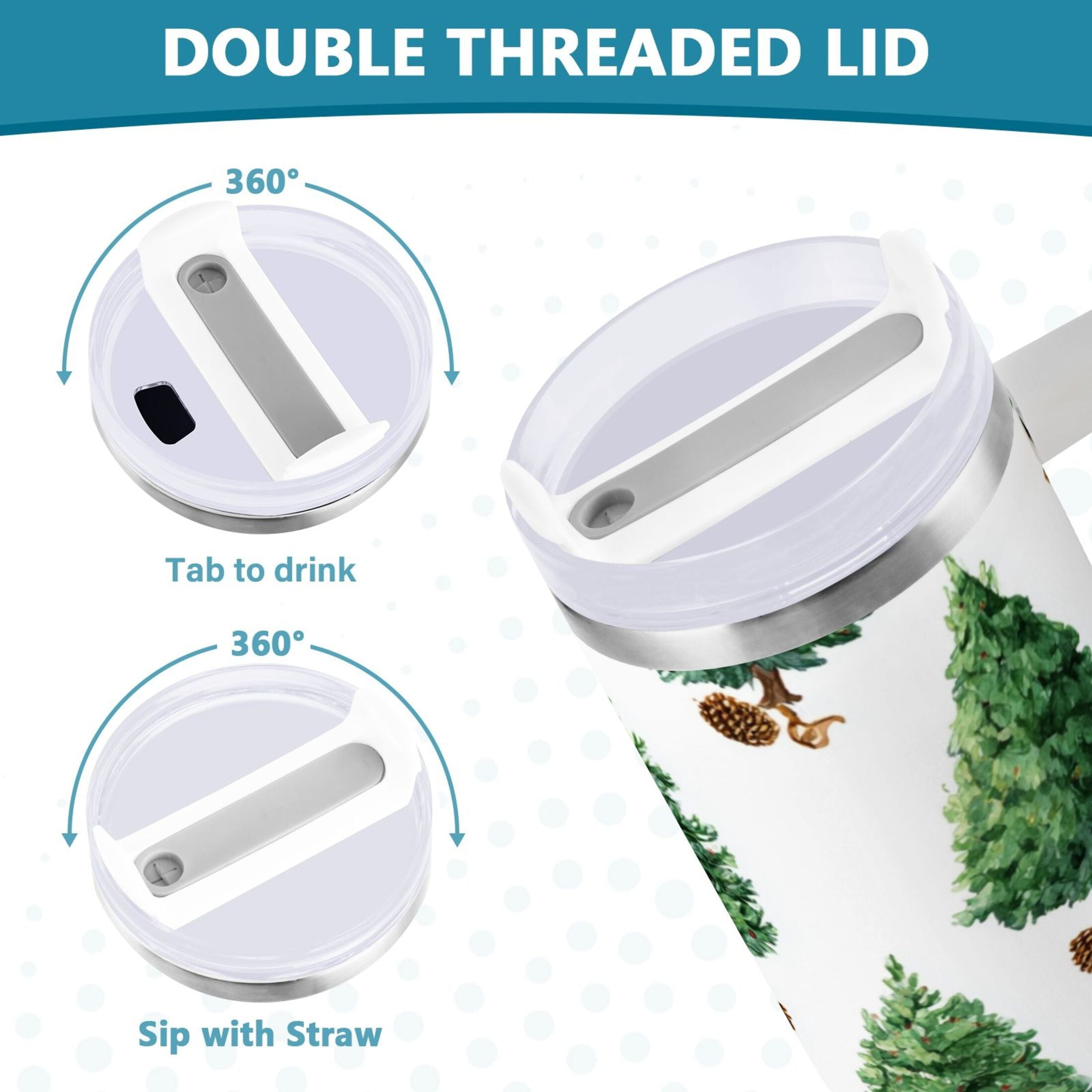 30 oz Insulated Stainless Steel Tumbler Double Wall Stainless Steel Tumbler with 2-Way Drinking Watercolor Green Christmas Tree Edition-VR4K