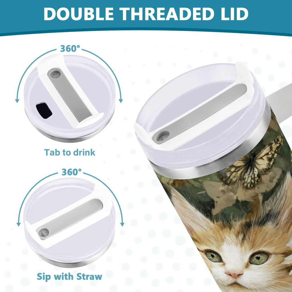 30 oz Insulated Stainless Steel Tumbler Double Wall Stainless Steel Tumbler with 2-Way Drinking Adorable Cats and Daisies Edition-E14Q