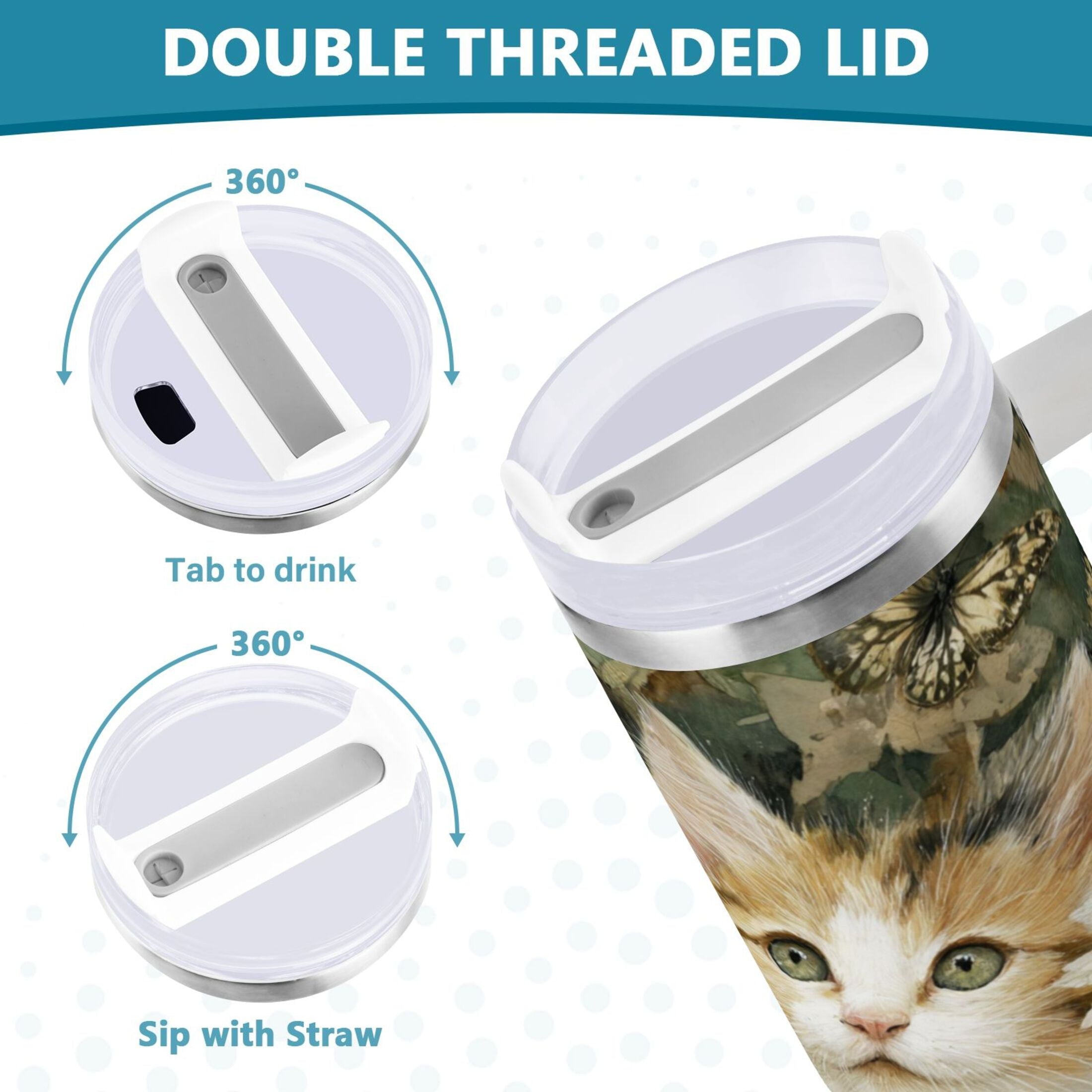 30 oz Insulated Stainless Steel Tumbler Double Wall Stainless Steel Tumbler with 2-Way Drinking Adorable Cats and Daisies Edition-E14Q