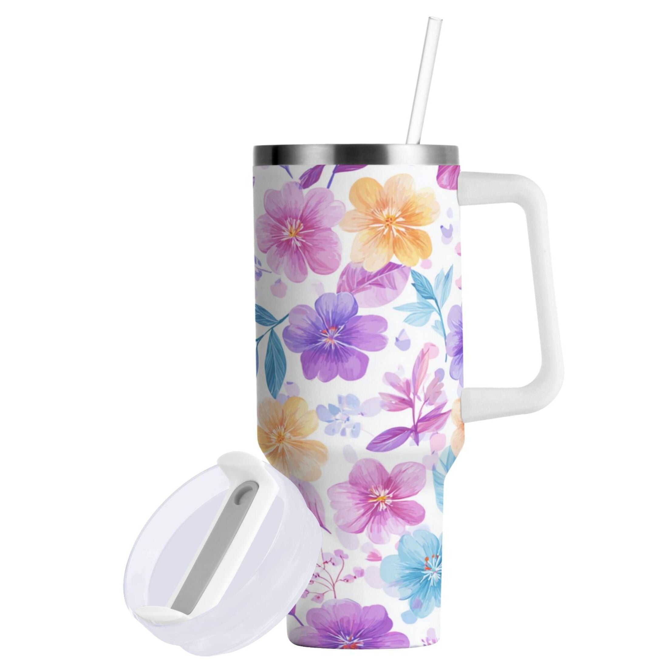 30 oz Insulated Stainless Steel Tumbler Double Wall Stainless Steel Tumbler with 2-Way Drinking Pink and Purple Flowers Edition-DUZB