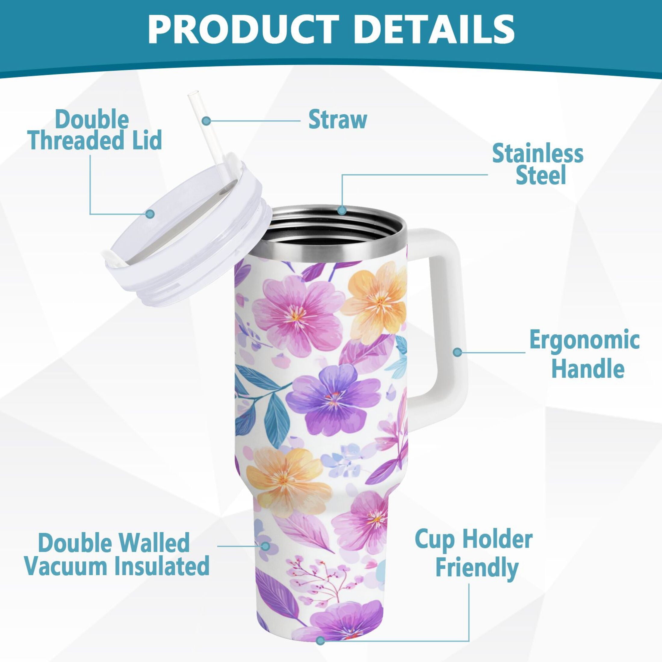 30 oz Insulated Stainless Steel Tumbler Double Wall Stainless Steel Tumbler with 2-Way Drinking Pink and Purple Flowers Edition-DUZB