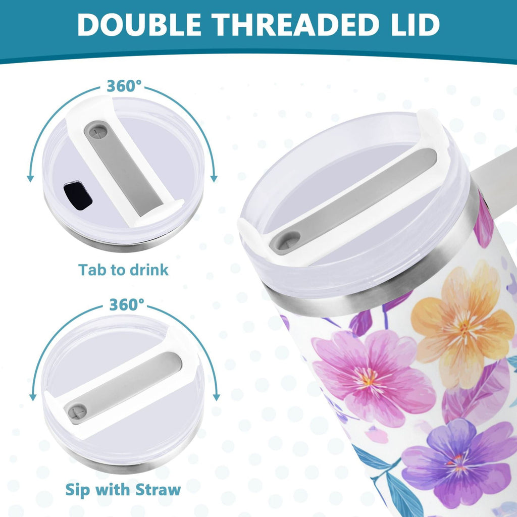 30 oz Insulated Stainless Steel Tumbler Double Wall Stainless Steel Tumbler with 2-Way Drinking Pink and Purple Flowers Edition-DUZB