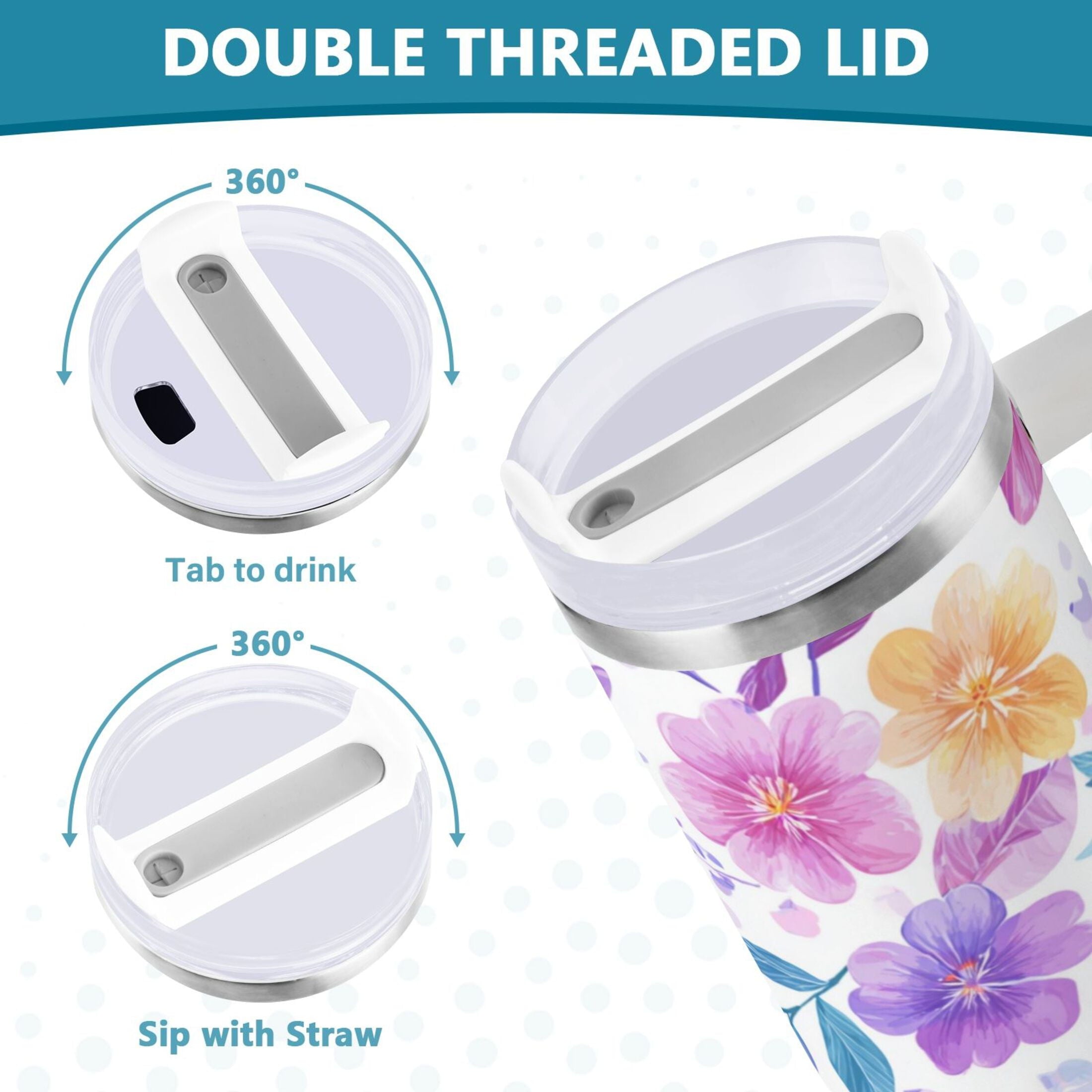 30 oz Insulated Stainless Steel Tumbler Double Wall Stainless Steel Tumbler with 2-Way Drinking Pink and Purple Flowers Edition-DUZB