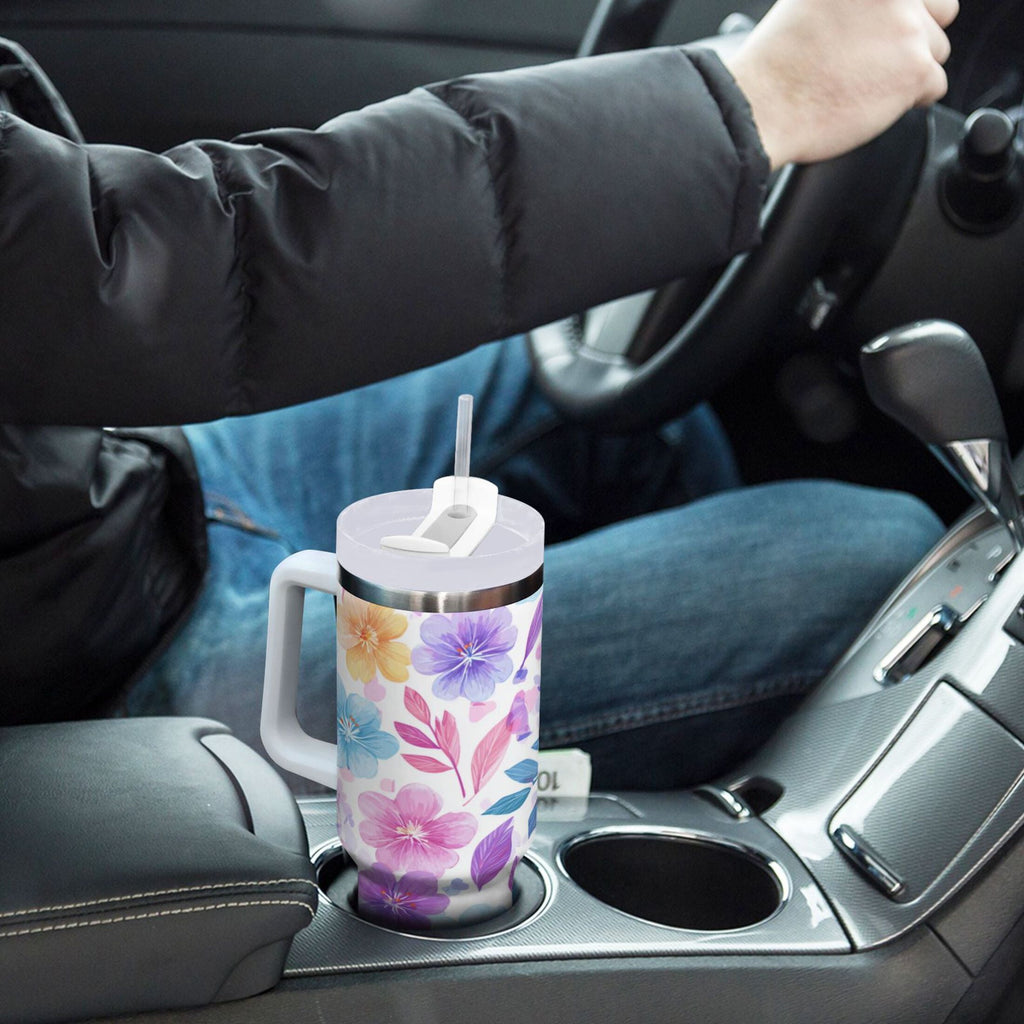 30 oz Insulated Stainless Steel Tumbler Double Wall Stainless Steel Tumbler with 2-Way Drinking Pink and Purple Flowers Edition-DUZB