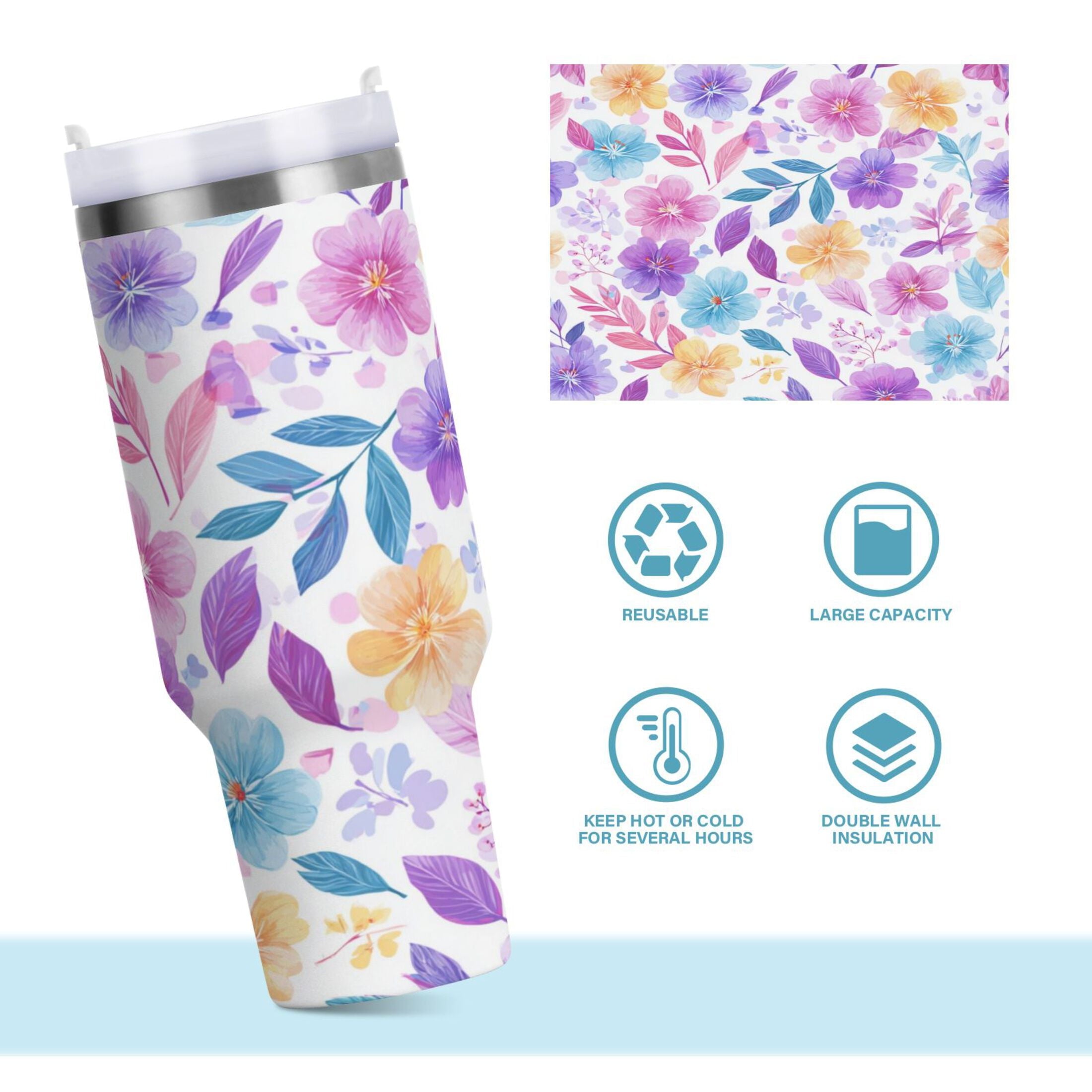 30 oz Insulated Stainless Steel Tumbler Double Wall Stainless Steel Tumbler with 2-Way Drinking Pink and Purple Flowers Edition-DUZB