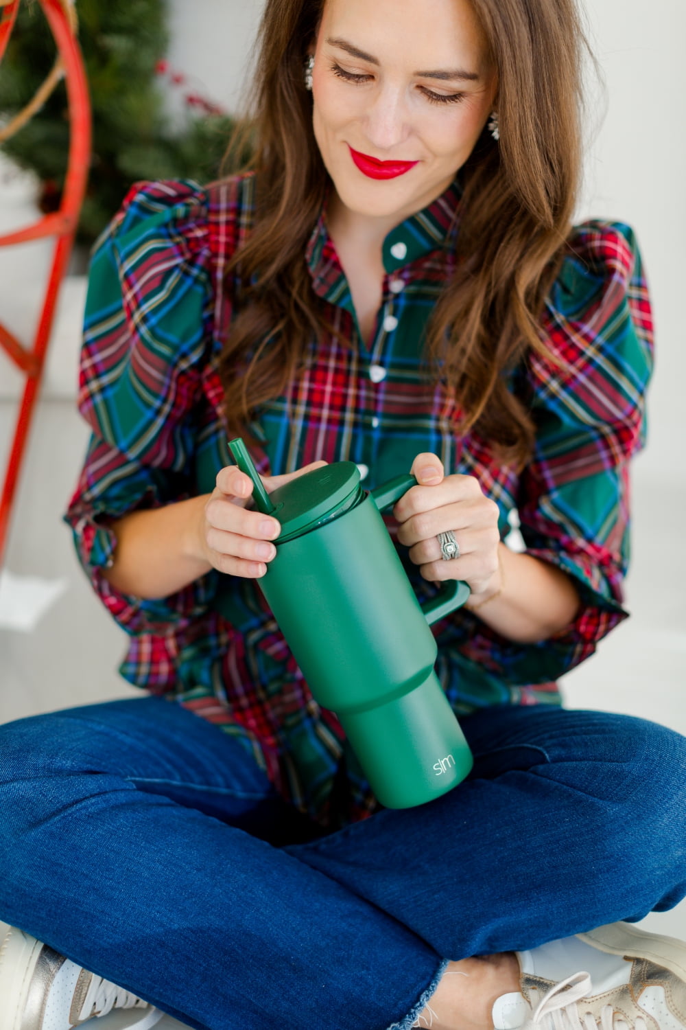 Simple Modern 30 fl oz Insulated Stainless Steel Trek Tumbler with Straw Lid | Seaglass Sage and Cream Checkmate Edition-16A6