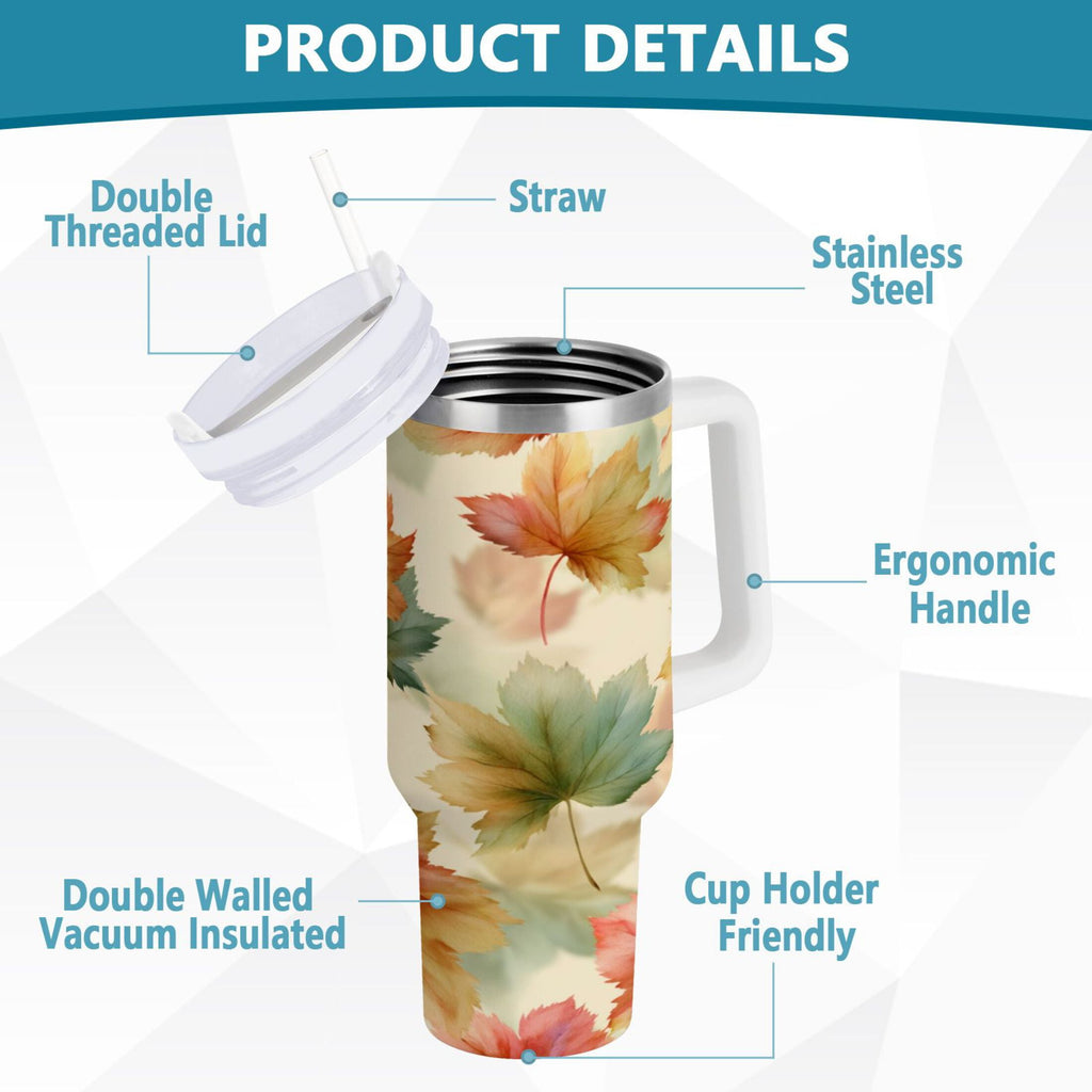 40 oz Insulated Stainless Steel Tumbler Double Wall Stainless Steel Tumbler with 2-Way Drinking Watercolor Maple Leaves Pattern Edition-I5IS
