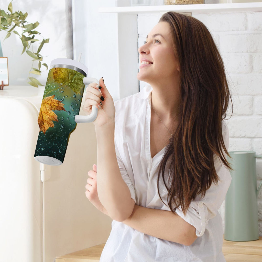30 oz Insulated Stainless Steel Tumbler Double Wall Stainless Steel Tumbler with 2-Way Drinking Leaves with Water Droplets Edition-4Z0Q