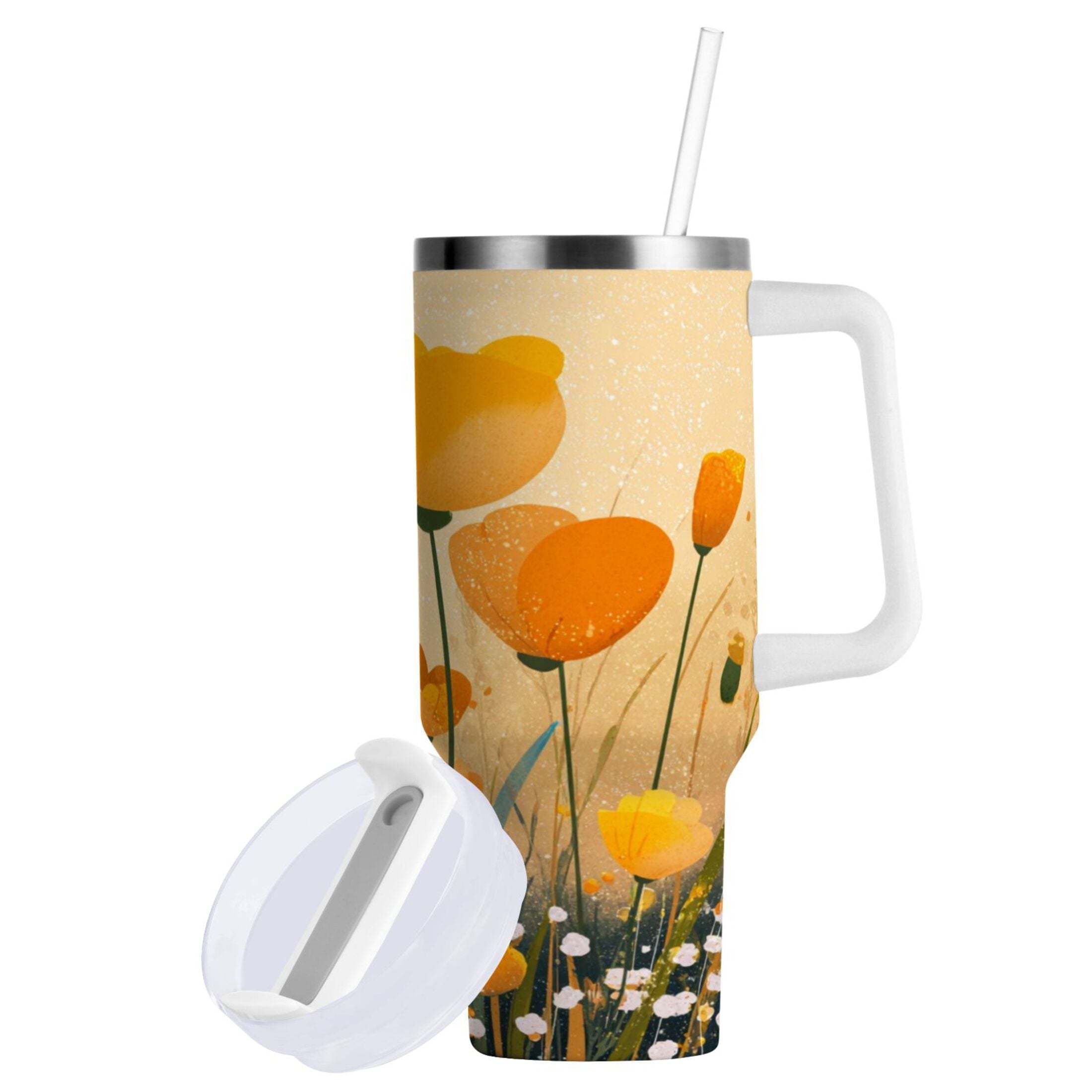 30 oz Insulated Stainless Steel Tumbler Double Wall Stainless Steel Tumbler with 2-Way Drinking Yellow Flowers on The Grass Edition-EWWI
