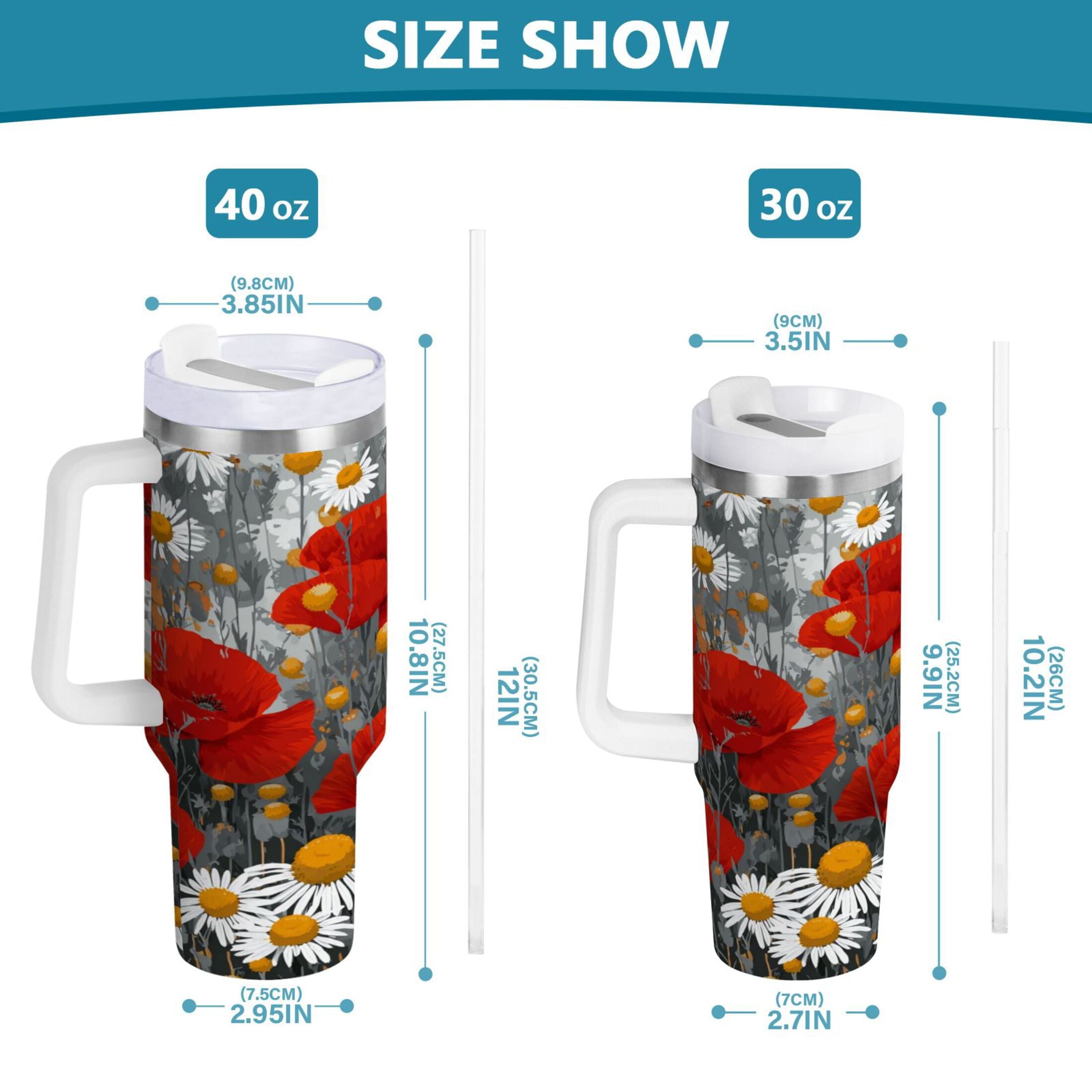 40 oz Insulated Stainless Steel Tumbler Double Wall Stainless Steel Tumbler with 2-Way Drinking Red Flowers and Daisies Edition-3930