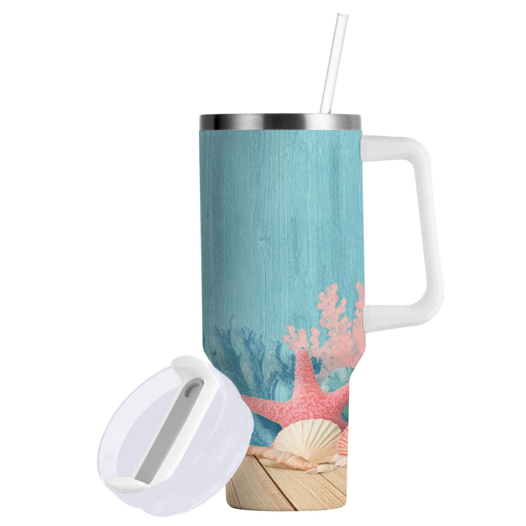 40 oz Insulated Stainless Steel Tumbler Double Wall Stainless Steel Tumbler with 2-Way Drinking Colorful Starfish and Seashells Edition-VYQK