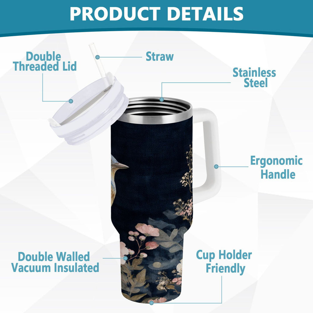 30 oz Insulated Stainless Steel Tumbler Double Wall Stainless Steel Tumbler with 2-Way Drinking Watercolor Vintage Blue Bird Edition-D9WF