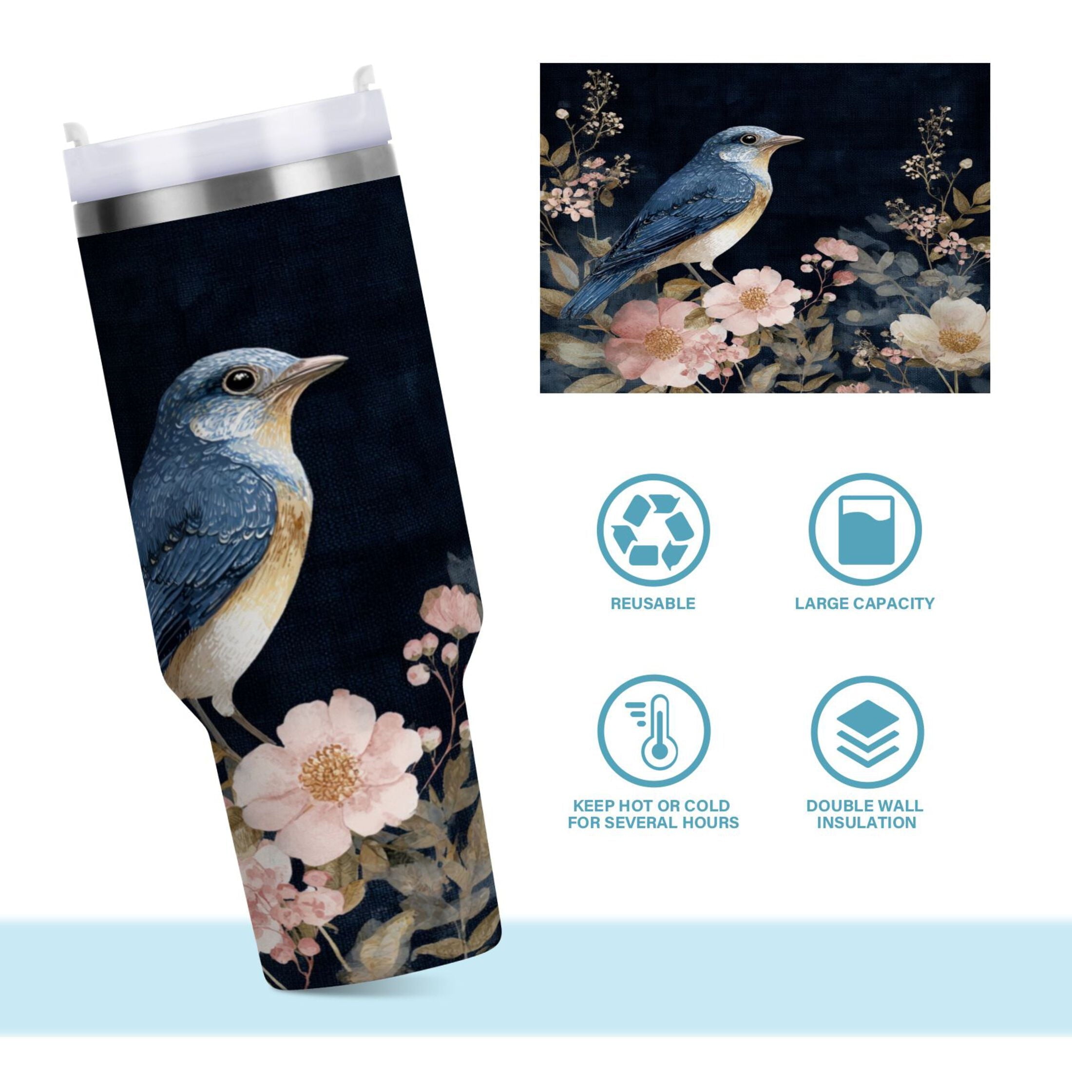 30 oz Insulated Stainless Steel Tumbler Double Wall Stainless Steel Tumbler with 2-Way Drinking Watercolor Vintage Blue Bird Edition-D9WF