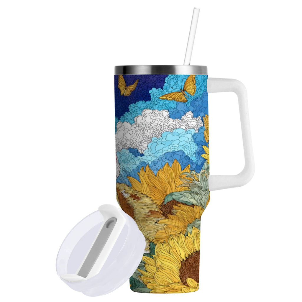 40 oz Insulated Stainless Steel Tumbler Double Wall Stainless Steel Tumbler with 2-Way Drinking Cat Lies in The Sunflowers Edition-9NA2