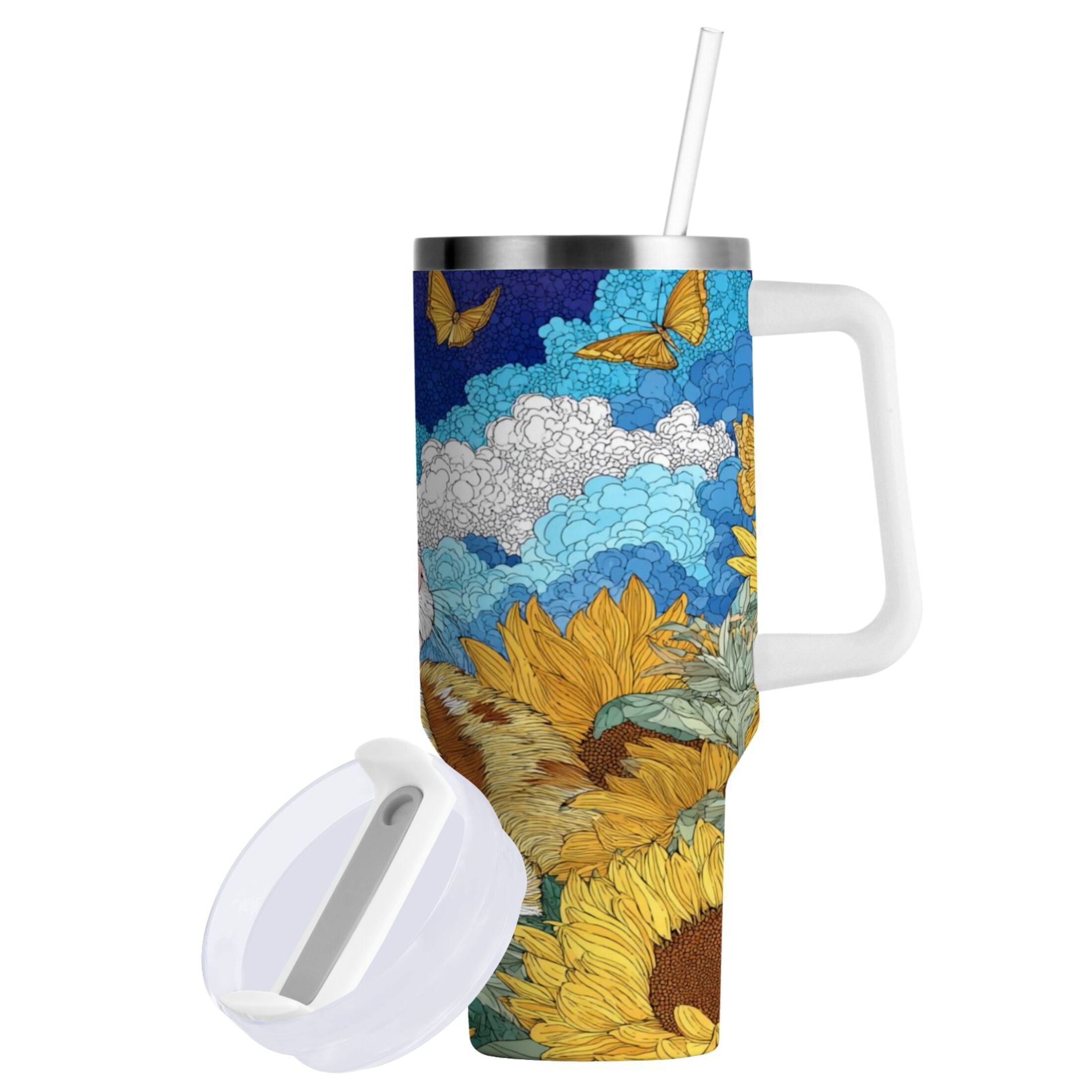 40 oz Insulated Stainless Steel Tumbler Double Wall Stainless Steel Tumbler with 2-Way Drinking Cat Lies in The Sunflowers Edition-9NA2
