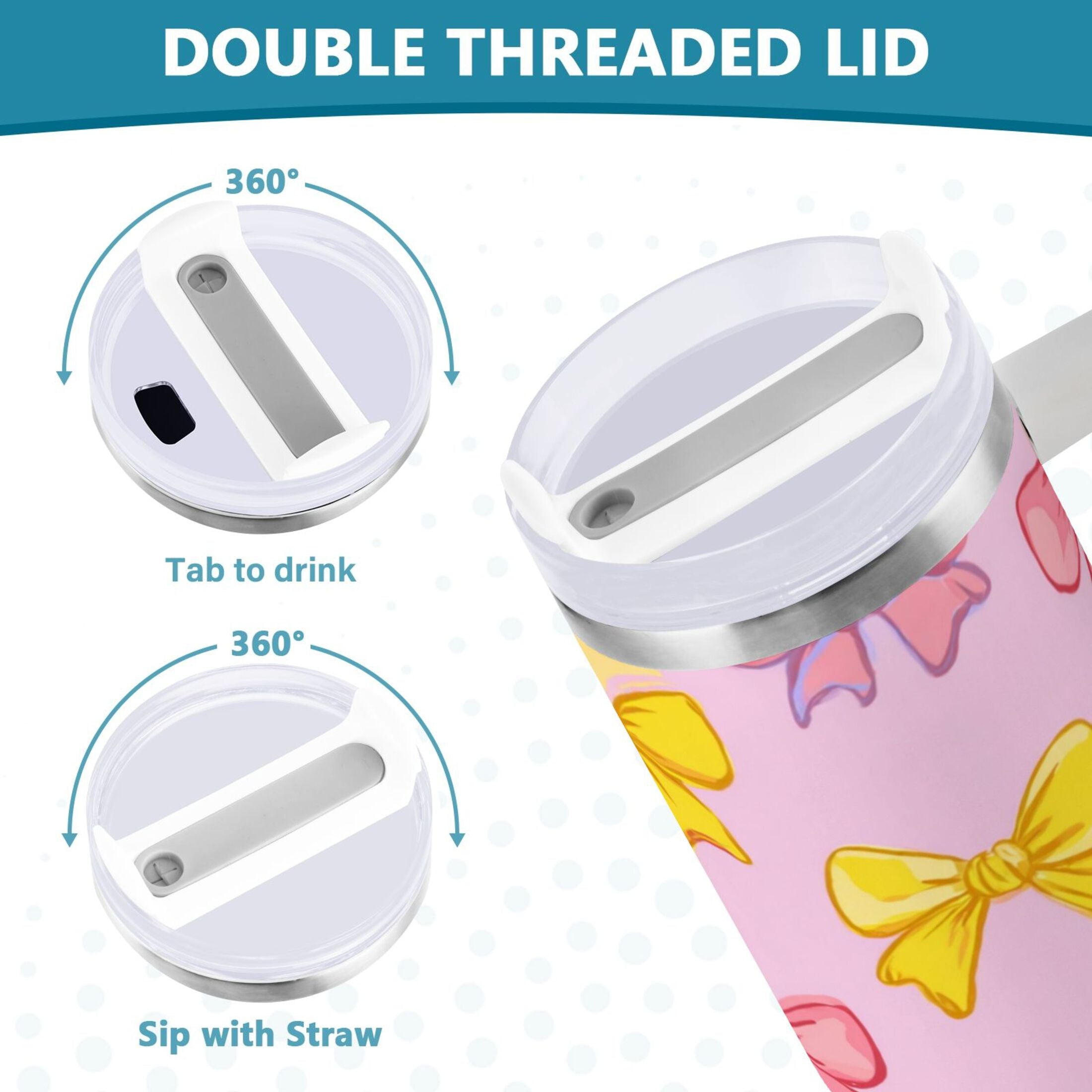 30 oz Insulated Stainless Steel Tumbler Double Wall Stainless Steel Tumbler with 2-Way Drinking Yellow and Pink Bows Edition-IK82