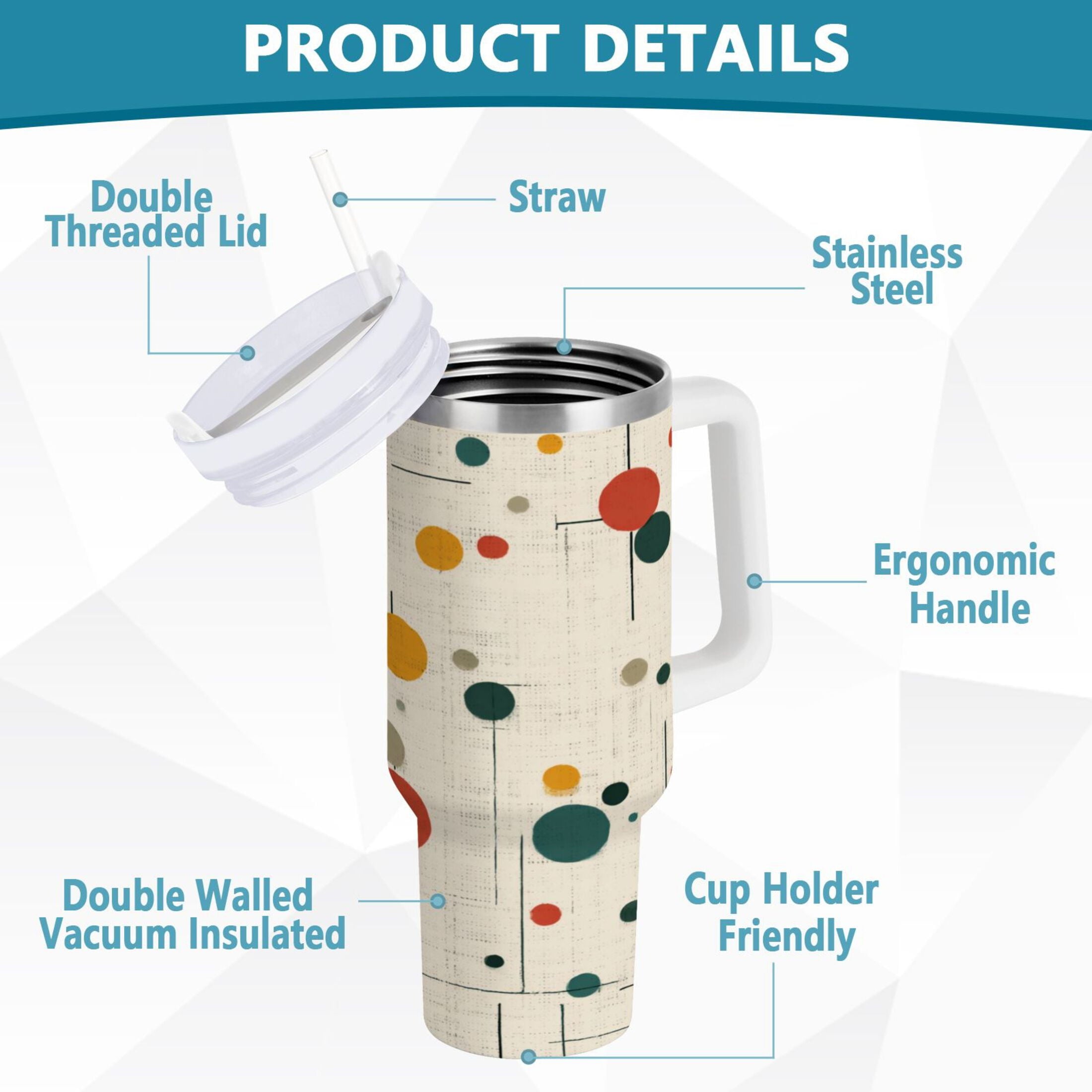 30 oz Insulated Stainless Steel Tumbler Double Wall Stainless Steel Tumbler with 2-Way Drinking Colorful Dots and Lines Edition-BHTQ