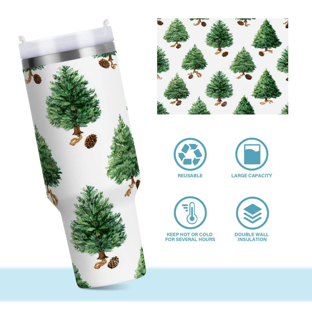 30 oz Insulated Stainless Steel Tumbler Double Wall Stainless Steel Tumbler with 2-Way Drinking Watercolor Green Christmas Tree Edition-VR4K