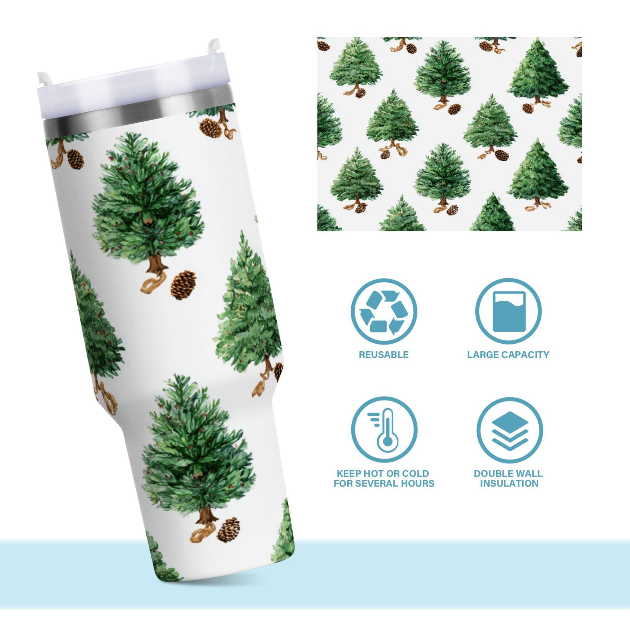 30 oz Insulated Stainless Steel Tumbler Double Wall Stainless Steel Tumbler with 2-Way Drinking Watercolor Green Christmas Tree Edition-VR4K