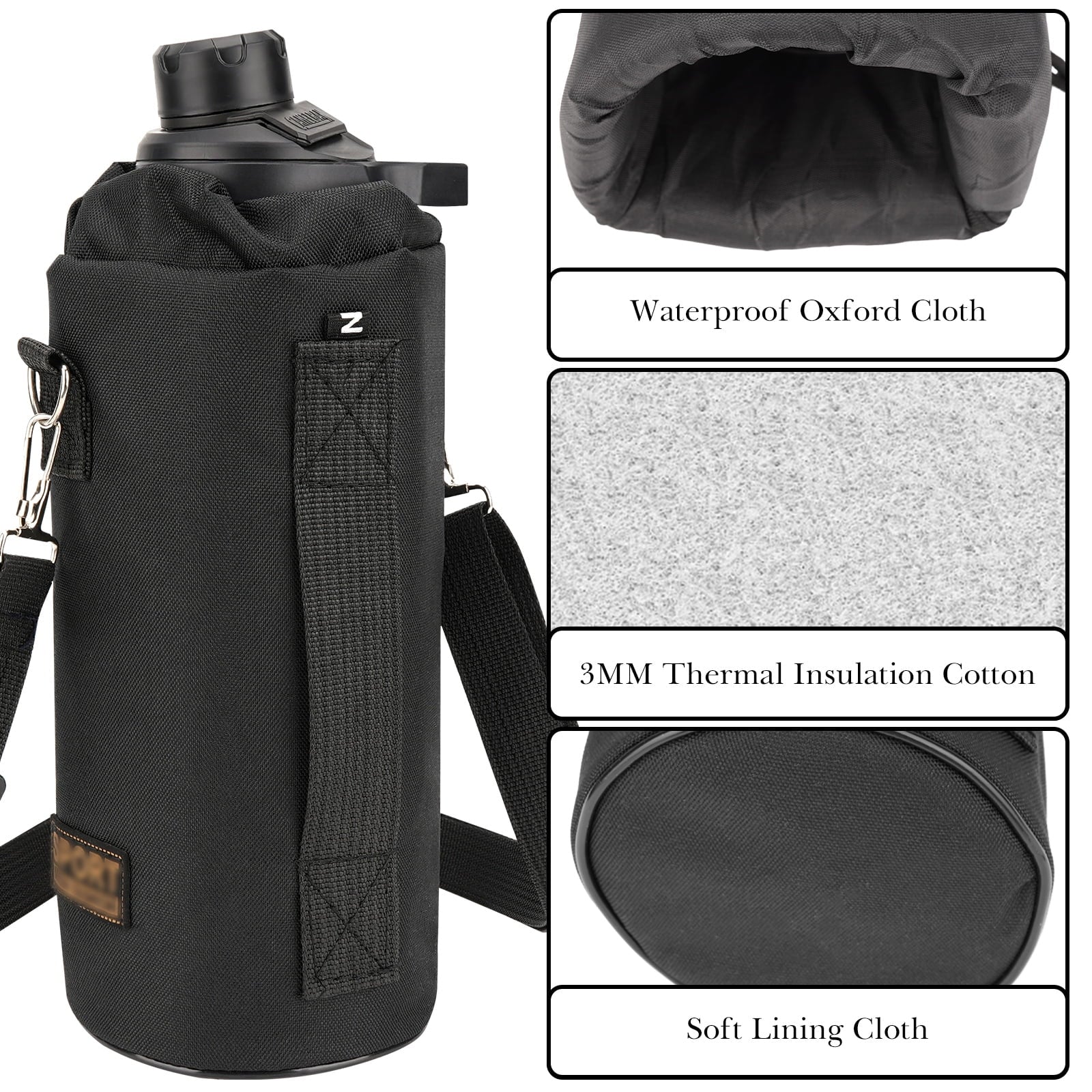 Linkidea Sports Water Bottle Carrier with Strap Compatible with Nalgene Sustain Tritan 48oz, CamelBak Chute Mag 50oz, Thick Waterbottle Cooler Bag Holder Shoulder Strap, Black Edition-JWNY
