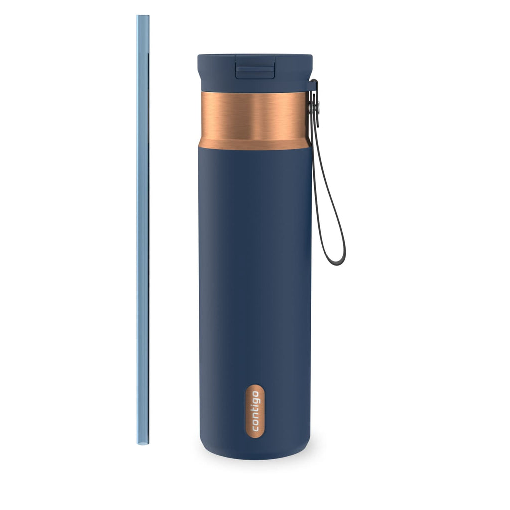 Contigo SnapSeal Leakproof Stainless Steel Reusable Water Bottle with Carrying Strap, Dark Blue/Bronze, 24 oz Edition-3OEQ