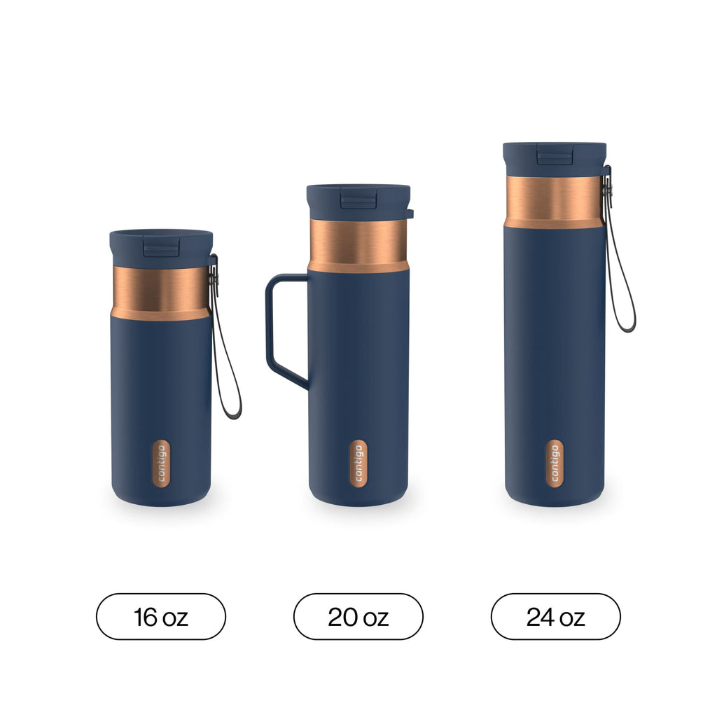 Contigo SnapSeal Leakproof Stainless Steel Reusable Water Bottle with Carrying Strap, Dark Blue/Bronze, 24 oz Edition-3OEQ