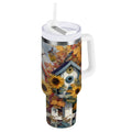 30 oz Insulated Stainless Steel Tumbler Double Wall Stainless Steel Tumbler with 2-Way Drinking Birdhouses with Sunflowers Edition-J0AS
