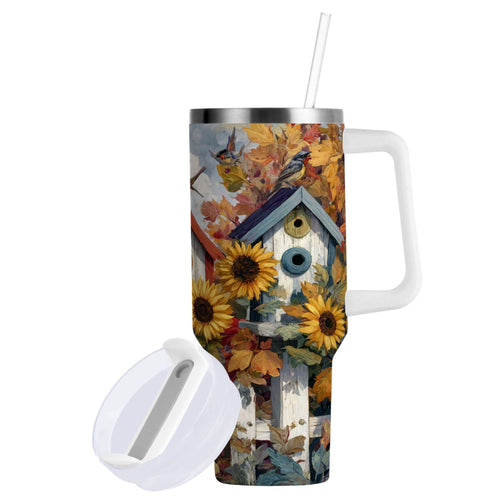 30 oz Insulated Stainless Steel Tumbler Double Wall Stainless Steel Tumbler with 2-Way Drinking Birdhouses with Sunflowers Edition-J0AS