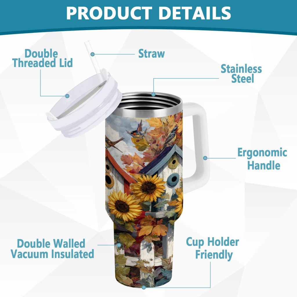 30 oz Insulated Stainless Steel Tumbler Double Wall Stainless Steel Tumbler with 2-Way Drinking Birdhouses with Sunflowers Edition-J0AS