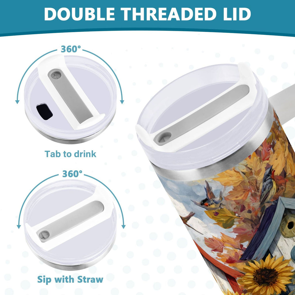 30 oz Insulated Stainless Steel Tumbler Double Wall Stainless Steel Tumbler with 2-Way Drinking Birdhouses with Sunflowers Edition-J0AS
